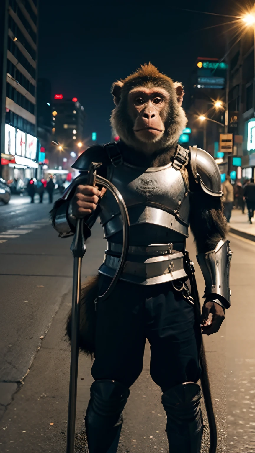 A monkey,Wearing armor,Holding a metal bar,Stand on a city street!