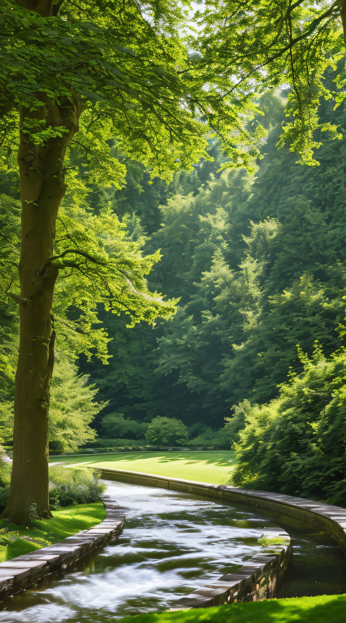 tmasterpiece，super detailing，best qualtiy，Perfectcomposition，A high resolution，natural soft light，Photographic realism style，SLR shooting effect，8K。Summer woods，A large tree by the stream，lawns，garden，benches，Woods in the distance，Sunny breeze