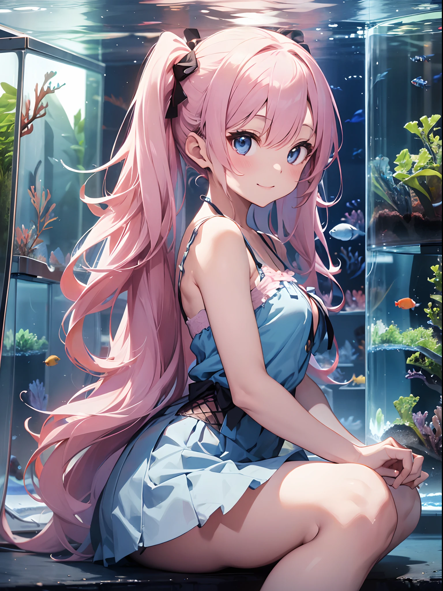 top-quality、masutepiece、8K、Pastel tones、A pink-haired、(Low Long Twin Tail)、Very long hair、Light blue camisole、a miniskirt、The background is((Aquarium of the future):1.3)、Turned、Dynamic Styles、ssmile