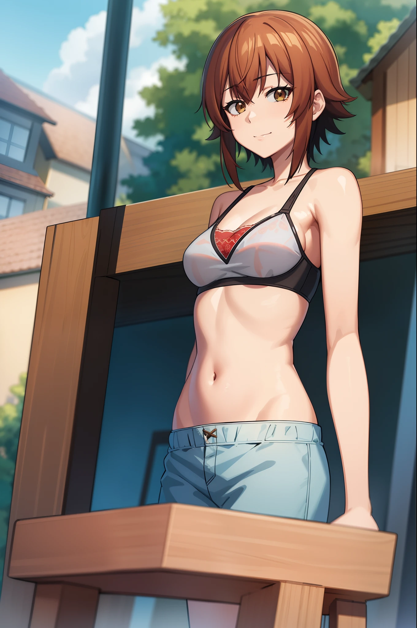 best quality, (masterpiece:1.2), highly detailed, standing, outdoors,
1girl, solo, kotegawa chisa,
looking at viewer, evil smile, closed mouth, upper body,
brown eyes, brown hair, short hair, off shoulder, navel, sleeveless, spat, see-through, sport bra, presenting armpit
