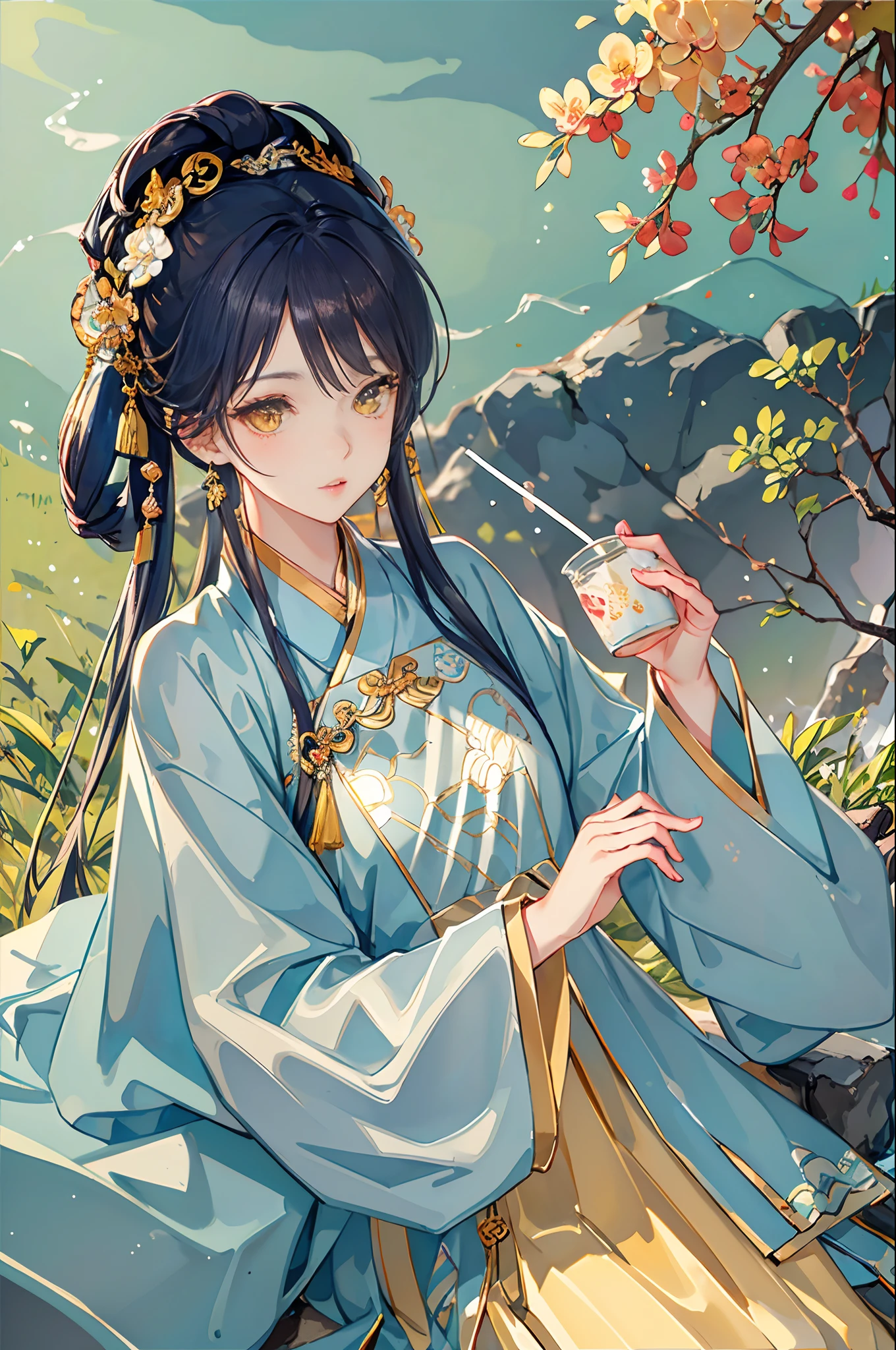 Best quality at best,Complicated details,A high resolution,(beautiful detailed water:1.4),(Hanfu,Tang Feng),Yellow eyes,(Girl in a glass jar:1.1),Holding a mug,milk tea