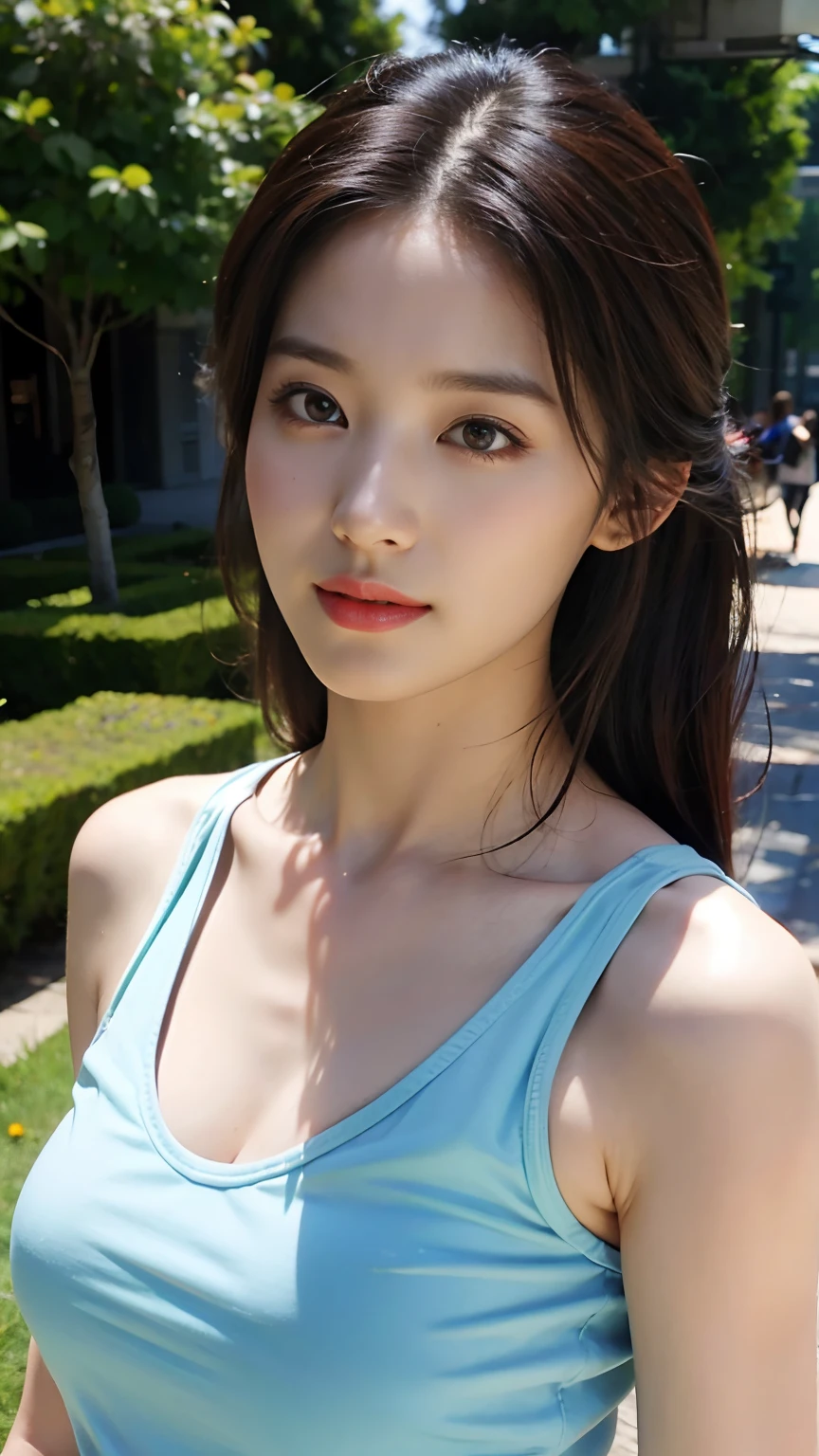 realistic photos of 1 cute Korean star, straight hair, white skin, thin makeup, 32 inch breasts size, slightly smile, wearing purple tank top, in the train station, close-up portrait, Suprematism, Hyperrealism, UHD