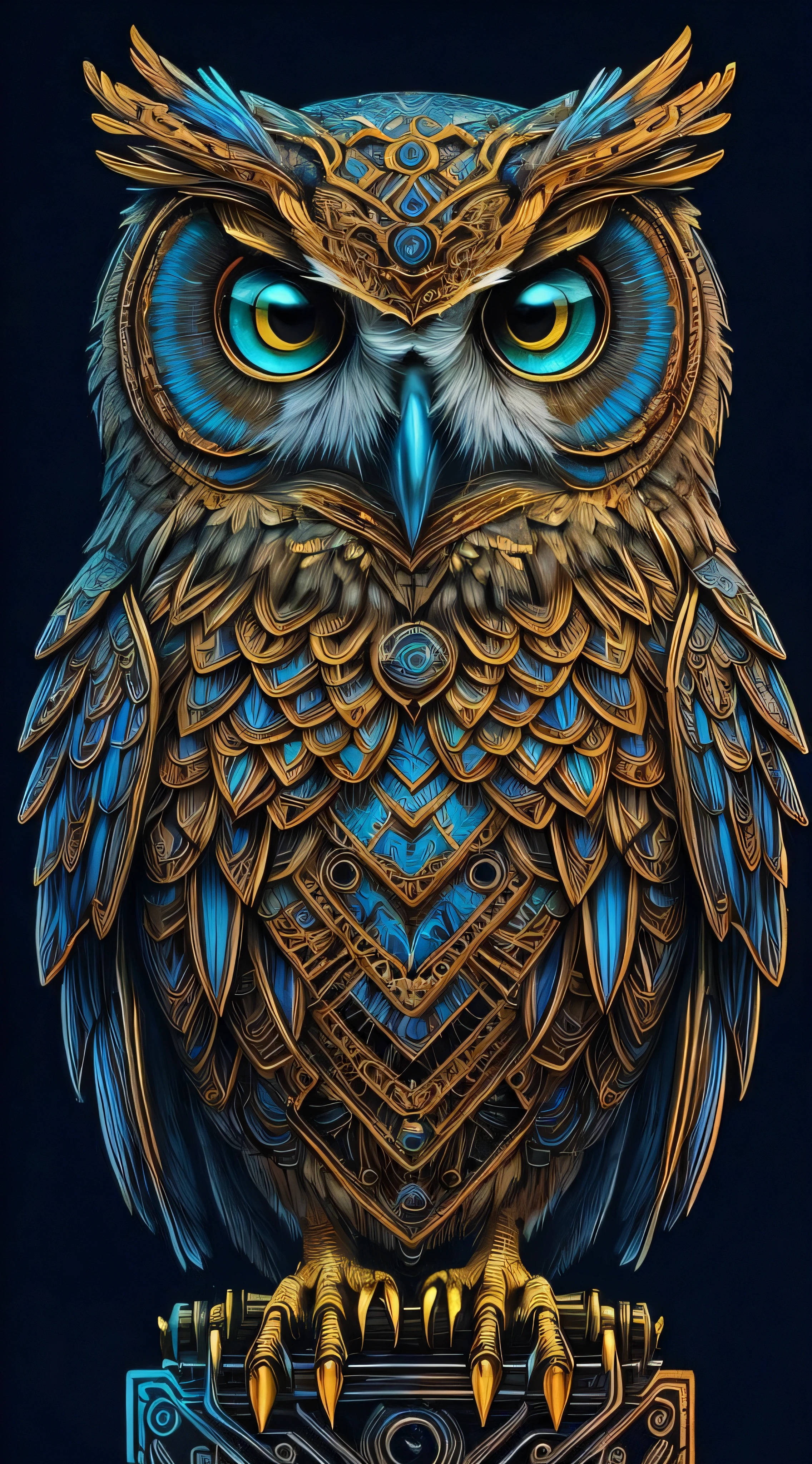 um close up de uma coruja com olhos azuis em um fundo preto, Coruja Radiante, mechanical owl, criatura altamente detalhada, Intrincado, coruja incandescente, the wisest of all owls, Grande arte digital com detalhes, highly detailed and hypnotic, arte mais detalhada, arte altamente detalhada, arte digital altamente detalhada, simetria detalhada!!, criatura detalhada, Highly detailed illustration