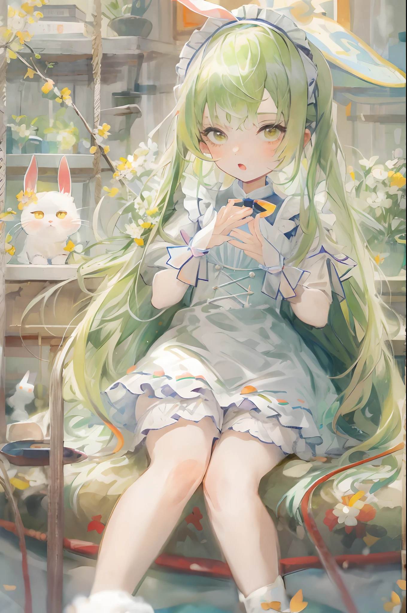 ​masterpiece, top-quality，She transforms into the image of a bunny girl，The illustration presents a very detailed cover art effect。The scene is depicted very delicately。She is dressed in a role-play costume in a maid costume，The whole gives a sense of innocence,This illustration creates a naïve scene，Featuring the image of a bunny girl,Embarrassing face,cheeks are reddened,wonderment,be shy,1 girl in,独奏,softlighting，softfocus，blurry image，high lighting，Low contrast，The overall feel is like an oil painting,Yellow-green hair,yellow-green eyes,Medium Hair,is standing,a closeup,Twin-tailed, female child,Young res