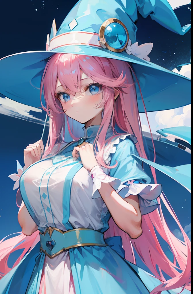 Pink Long Hair,Light sky blue magician hat,Light sky blue white and light pink white matching clothes,She is a cute and sweet girl,Milk fierce milk fierce