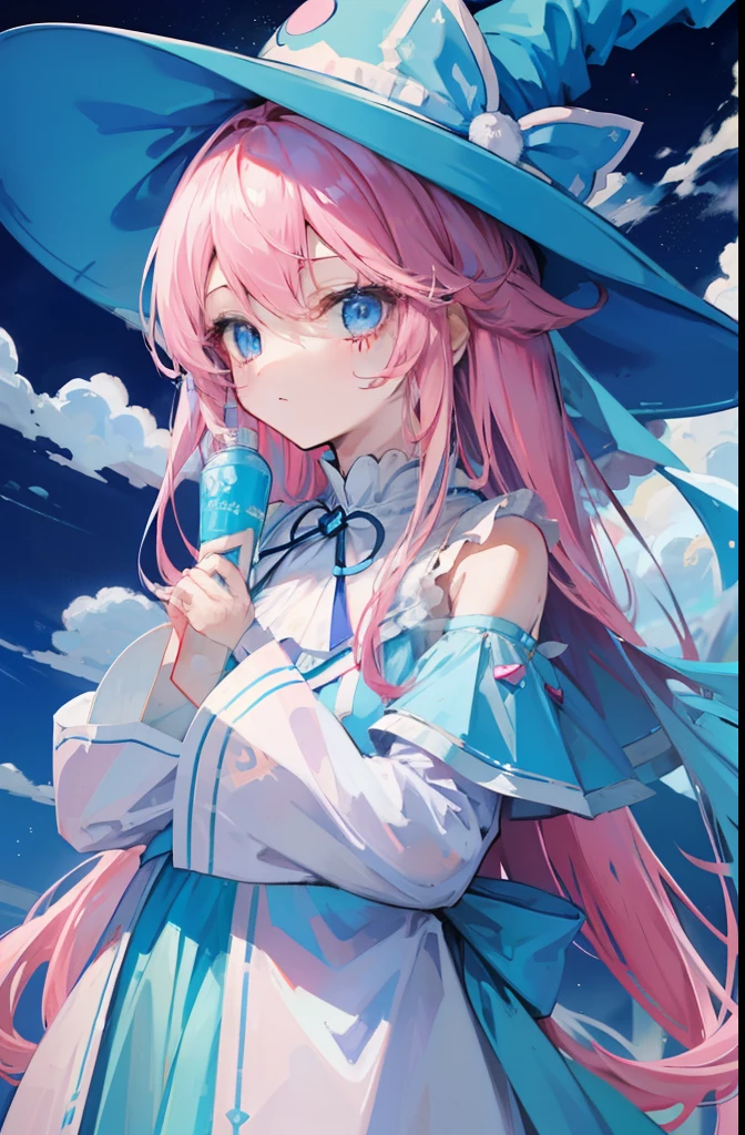 Pink Long Hair，Light sky blue magician hat，Light sky blue white and light pink white matching clothes，She is a cute and sweet girl，Milk fierce milk fierce