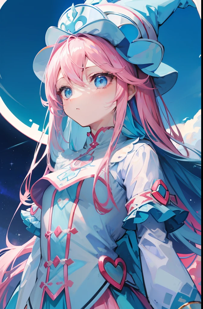 Pink Long Hair，Light sky blue magician hat，Light sky blue white and light pink white matching clothes，She is a cute and sweet girl，Milk fierce milk fierce