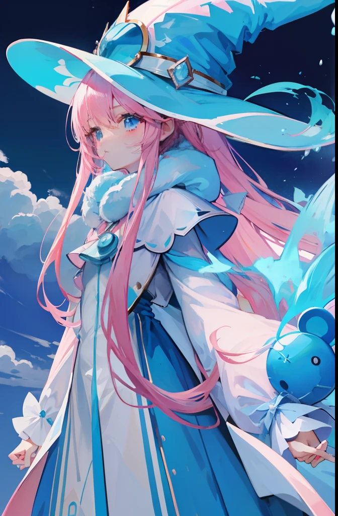 Pink Long Hair,Light sky blue magician hat,Light sky blue white and light pink white matching clothes,She is a cute and sweet girl,Milk fierce milk fierce