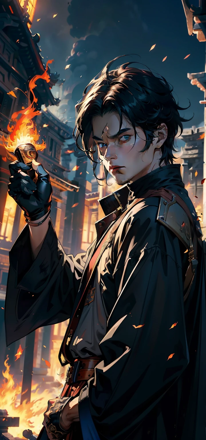 ((Best Quality)), ((Masterpiece)), ((ultra realistis)), Illustration in the style of a person, holding a fireball in his hand against the background of an ancient temple, Casting a fire spell, looking a viewer, black - haired mage, Swashbuckler, age 30 years, Fire spell, The fire behind him, evil male sorcerer (windswept dust, detritus: 1.1), volumetric fog, mist, ray traced, z, Transmission of bright light from below, (tmasterpiece) (beste-Qualit) (Detailed) (8K) (电影灯光) (sharp-focus)