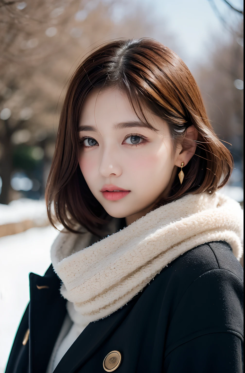 1 girl, bare_tree, brown_eyes, brown_hair, building, coat, cross_earrings, earrings, fur, fur trimmed_coat, fur_collar, fur_scarf, fur_trim, jewelry, lips, shorthair, looking_at_viewer, outdoors, snow, snow, solo, tree, upper_body, Winter, winter_clothes, detailed_eyes,Big breasts, arms close together, Chest facing camera, Big, Ears out, Golden ratio face, Golden ratio body, Best quality, Ultra high definition, Bangs