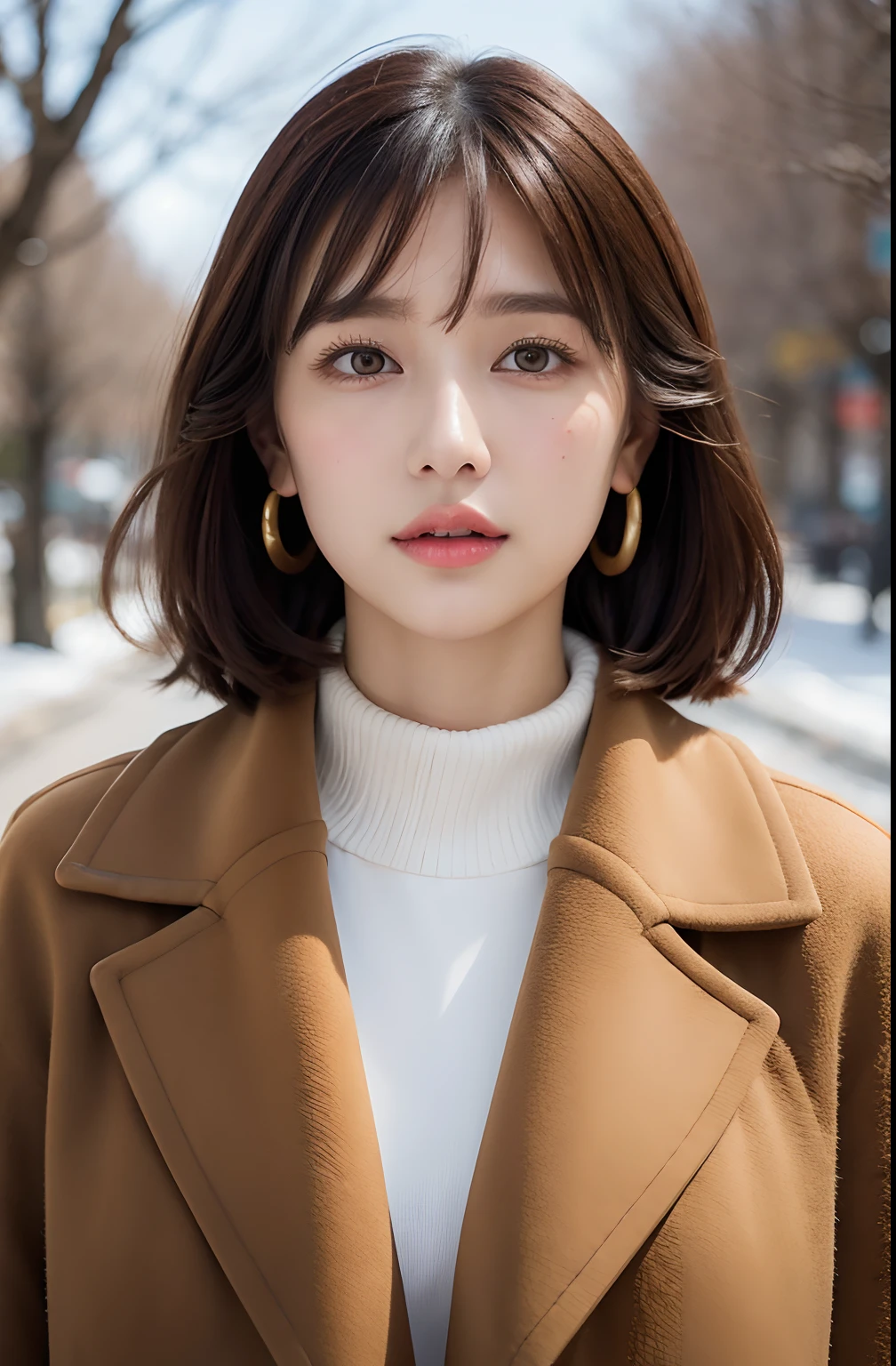 1 girl, bare_tree, brown_eyes, brown_hair, building, coat, cross_earrings, earrings, fur, fur trimmed_coat, fur_collar, fur_scarf, fur_trim, jewelry, lips, shorthair, looking_at_viewer, outdoors, snow, snow, solo, tree, upper_body, Winter, winter_clothes, detailed_eyes,Big breasts, arms close together, Chest facing camera, Big, Ears out, Golden ratio face, Golden ratio body, Best quality, Ultra high definition, Bangs