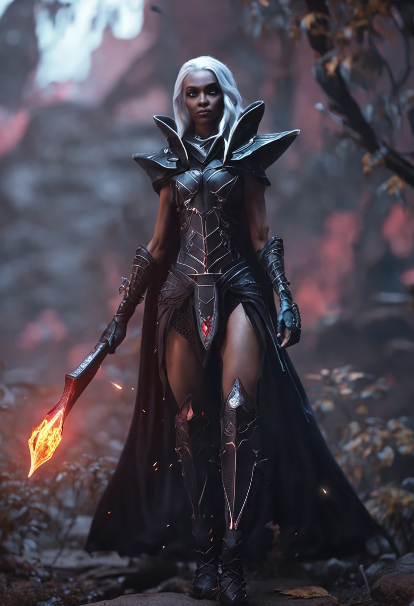 Drow, Dark elf girl in black armor with magic runes, full height