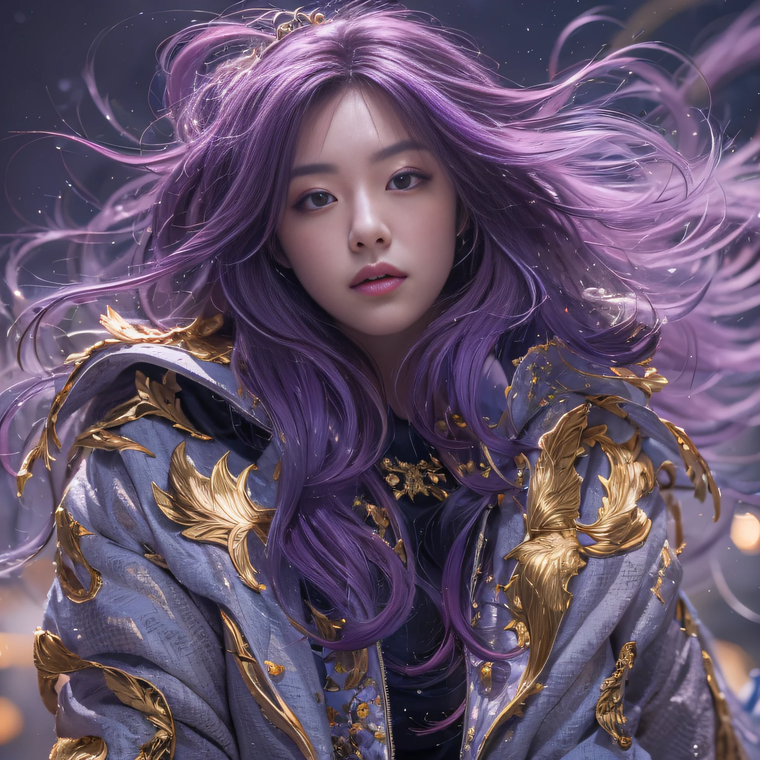 32K(tmasterpiece,k hd,hyper HD,32K)Long flowing bright purple hair,Autumn Pond,zydink, a color, Asian people (Silly girl), (Silk scarf), Combat posture, looking at the ground, long whitr hair, Floating bright purple, Fire cloud pattern gold tiara, Chinese long-sleeved gold silk garment, (abstract ink splash:1.2), white backgrounid,Lotus protector(realisticlying:1.4),Bright purple hair,Smoke on the road,The background is pure, A high resolution, the detail, RAW photogr, Sharp Re, Nikon D850 Film Stock Photo by Jefferies Lee 4 Kodak Portra 400 Camera F1.6 shots, Rich colors, ultra-realistic vivid textures, Dramatic lighting, Unreal Engine Art Station Trend, cinestir 800,Long flowing bright purple hair