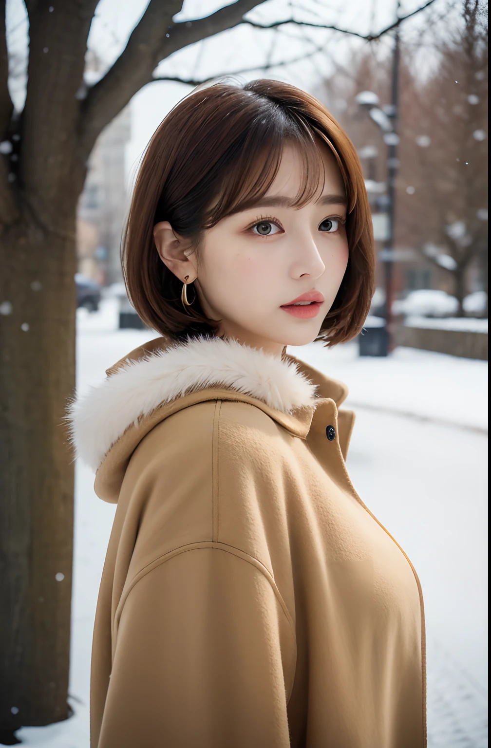 1 girl, bare_tree, brown_eyes, brown_hair, building, coat, cross_earrings, earrings, fur, fur trimmed_coat, fur_collar, fur_scarf, fur_trim, jewelry, lips, shorthair, looking_at_viewer, outdoors, snow, snow, solo, tree, upper_body, Winter, winter_clothes, detailed_eyes,Big breasts, arms close together, Chest facing camera, Big, Ears out, Golden ratio face, Golden ratio body, Best quality, Ultra high definition, Bangs