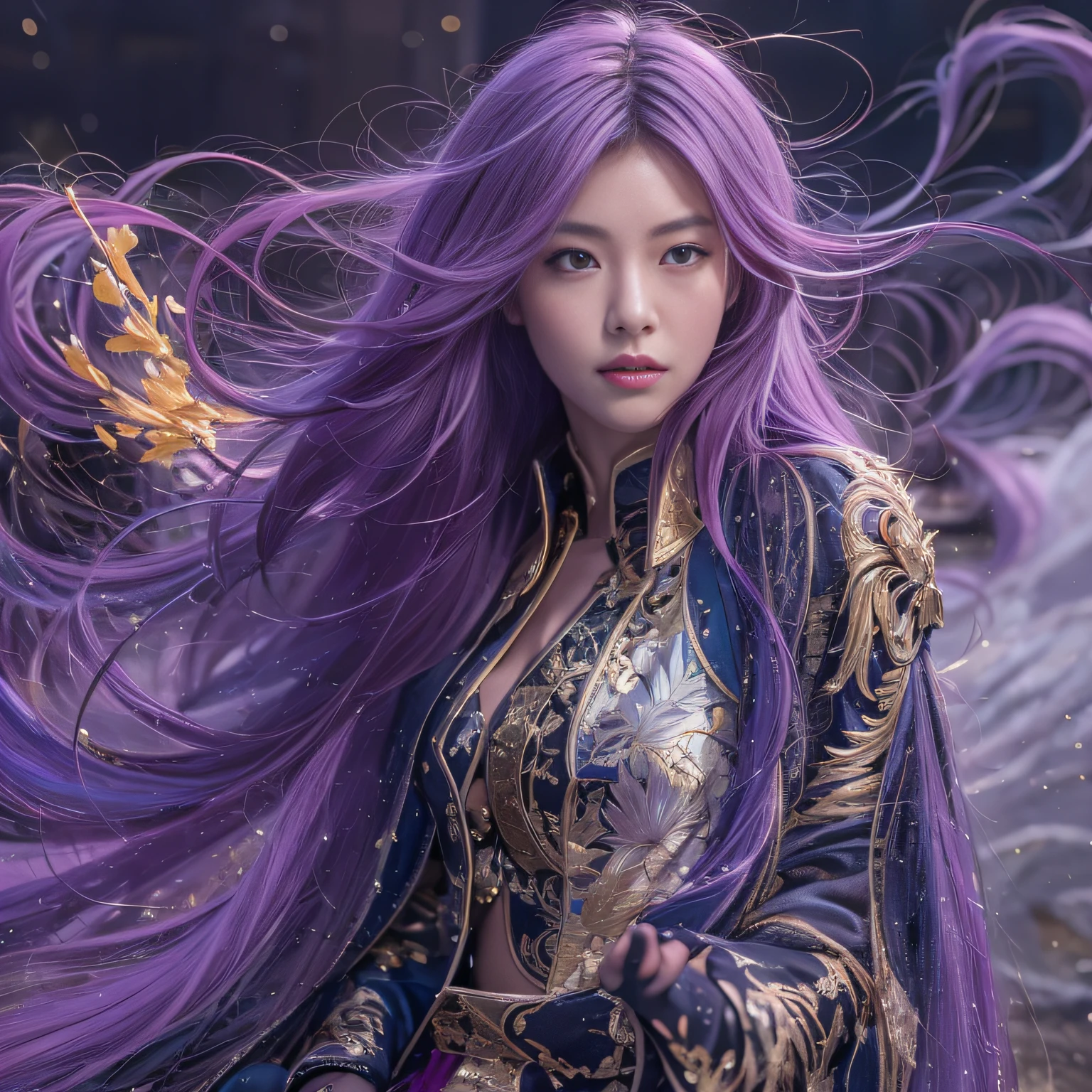32K（tmasterpiece，k hd，hyper HD，32K）Long flowing bright purple hair，Autumn Pond，zydink， a color，  Asian people （Silly girl）， （Silk scarf）， Combat posture， looking at the ground， long whitr hair， Floating bright purple， Fire cloud pattern gold tiara， Chinese long-sleeved gold silk garment， （abstract ink splash：1.2）， white backgrounid，Lotus protector（realisticlying：1.4），Bright purple hair，Smoke on the road，The background is pure， A high resolution， the detail， RAW photogr， Sharp Re， Nikon D850 Film Stock Photo by Jefferies Lee 4 Kodak Portra 400 Camera F1.6 shots, Rich colors, ultra-realistic vivid textures, Dramatic lighting, Unreal Engine Art Station Trend, cinestir 800，Long flowing bright purple hair