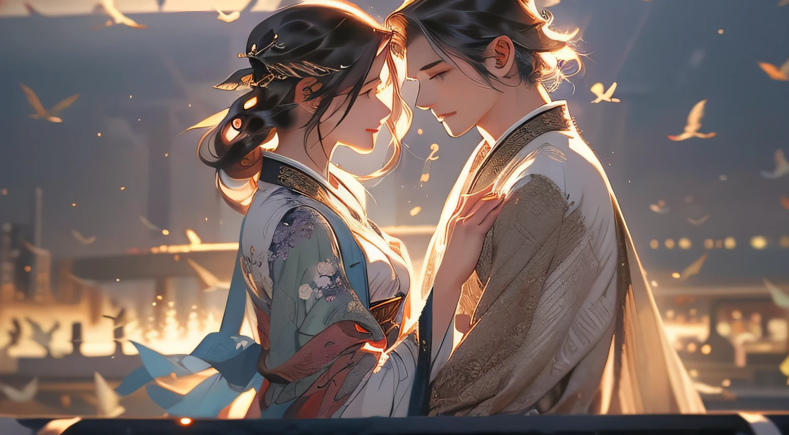 A handsome Chinese boy and girl、（full bodyesbian）、Look at each other，Gentle eyes，（Clear facial features），wearing a hanfu，standing on a bridge，The body is surrounded by white mist，There are magpies flying around，A cow stood in the distance looking at the two men，Runes surround you，Holographic reality，holographic halo，Background motion blur，Game lighting effects，rim-light，Soft light，cinematic rim light，The light is delicate
