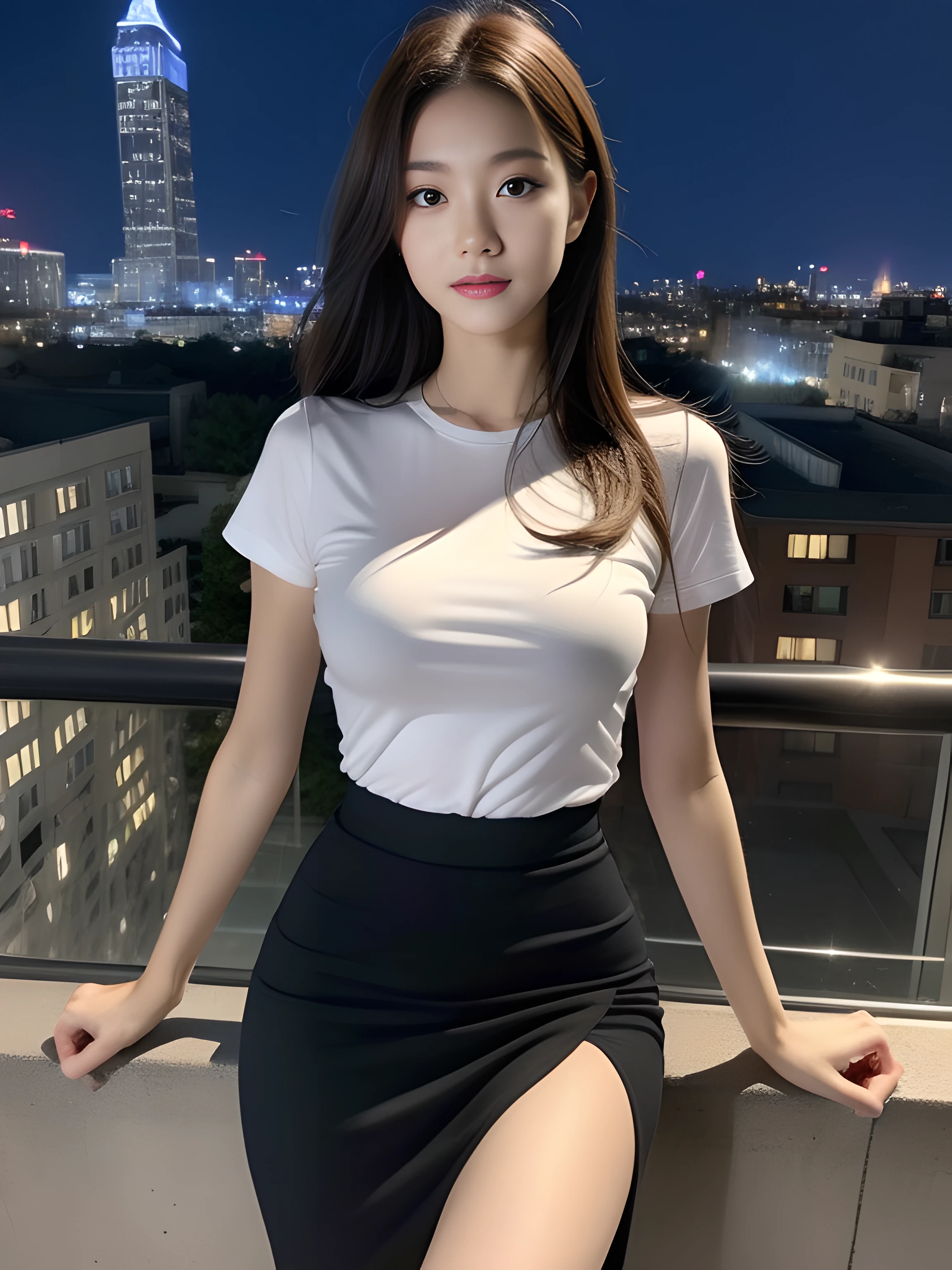 （（midynight， Acura， 8K， tmasterpiece： 1.3））， full bodyesbian， long leges， Focalors： 1.2， perfect figure beautiful woman： 1.4， Slim abs： 1.1， （dark brown  hair，： 1.2 ））， （Orange skinny T-shirt， short  skirt，sitting on a stool： 1.2）， （city night scene， the roof： 1.3））， Highly Detailed Face and Skin Textur， detailedeyes， 二重まぶた，