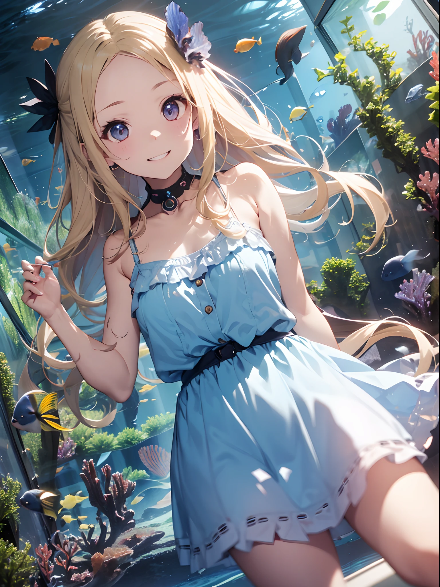 top-quality、masutepiece、8K、Pastel tones、Blonde hair、long(Bring out your forehead:1.2)、Very long hair、Light blue camisole dress、a miniskirt、The background is((Aquarium of the future):1.4)、Turned、Dynamic Styles、ssmile