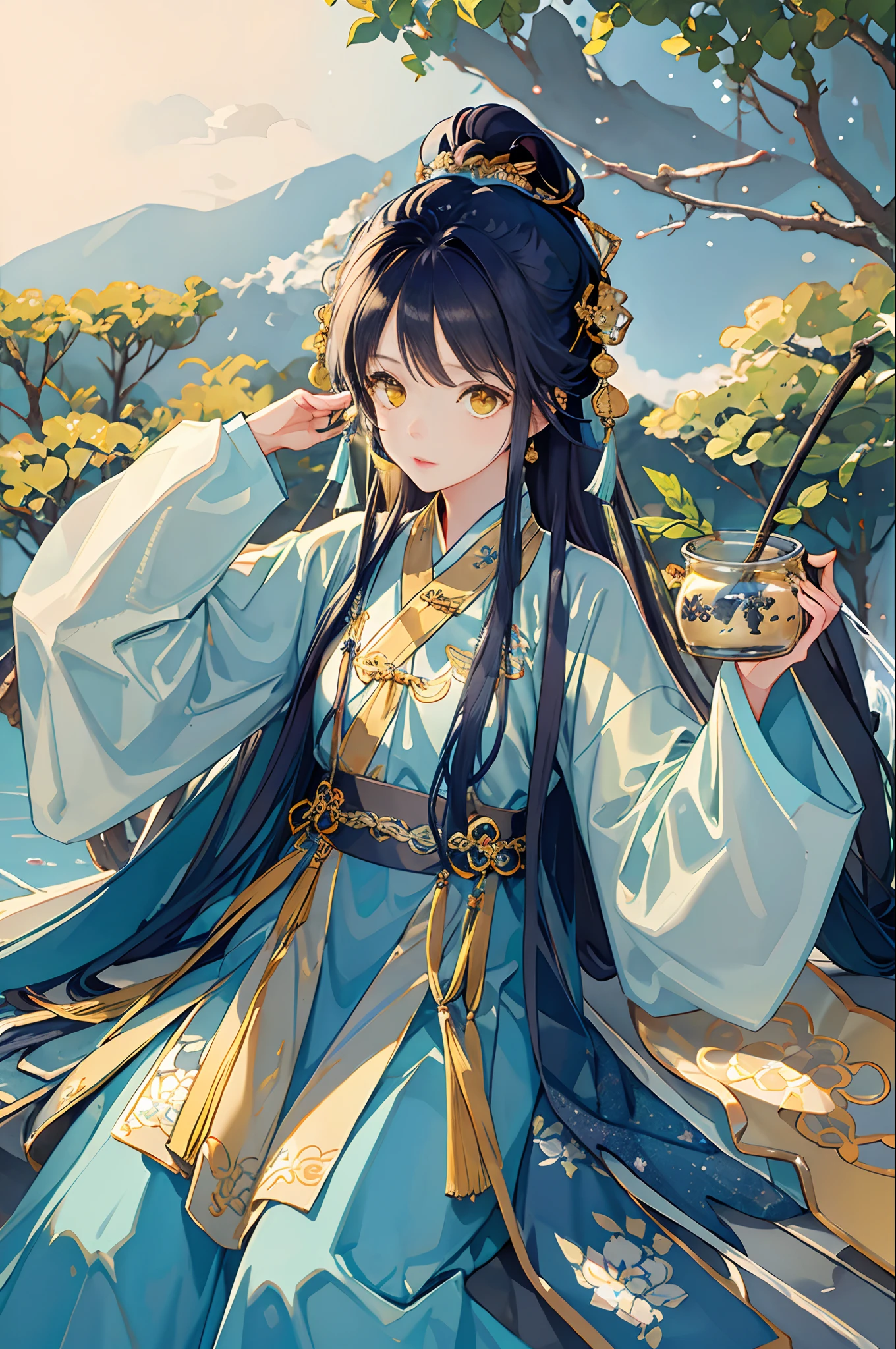 Best quality at best,Complicated details,A high resolution,(beautiful detailed water:1.4),(Hanfu,Tang Feng),Yellow eyes,(Girl in a glass jar:1.1),drinking milktea