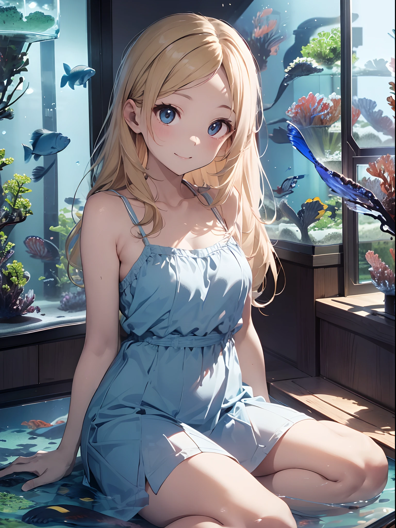 top-quality、masutepiece、8K、Pastel tones、Blonde hair、long(Bring out your forehead:1.2)、Very long hair、Light blue camisole dress、a miniskirt、The background is((Aquarium of the future):1.4)、Turned、Dynamic Styles、ssmile
