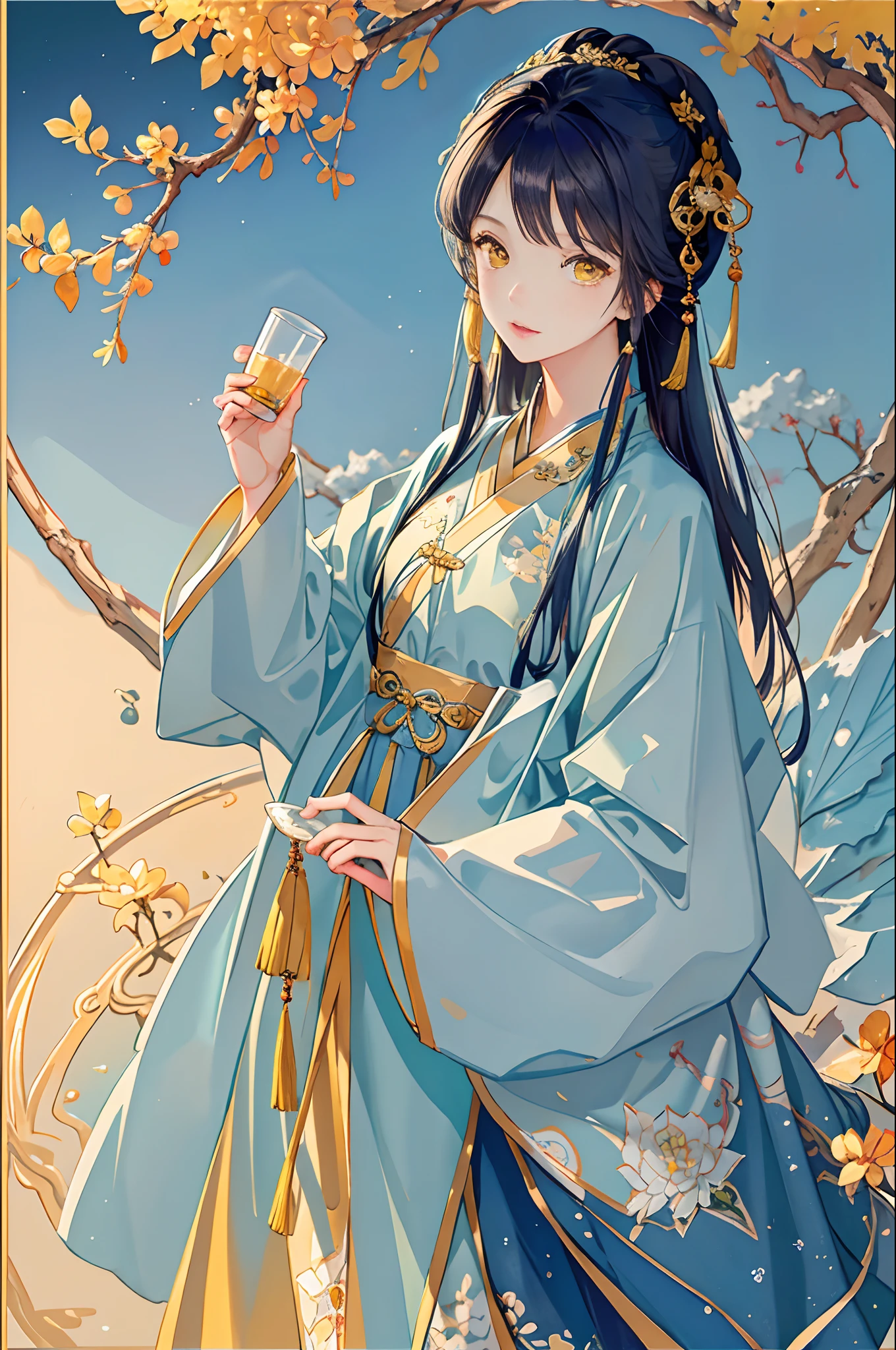 Best quality at best,Complicated details,A high resolution,(beautiful detailed water:1.4),(Hanfu,Tang Feng),Yellow eyes,(Girl in a glass jar:1.1),drinking milktea