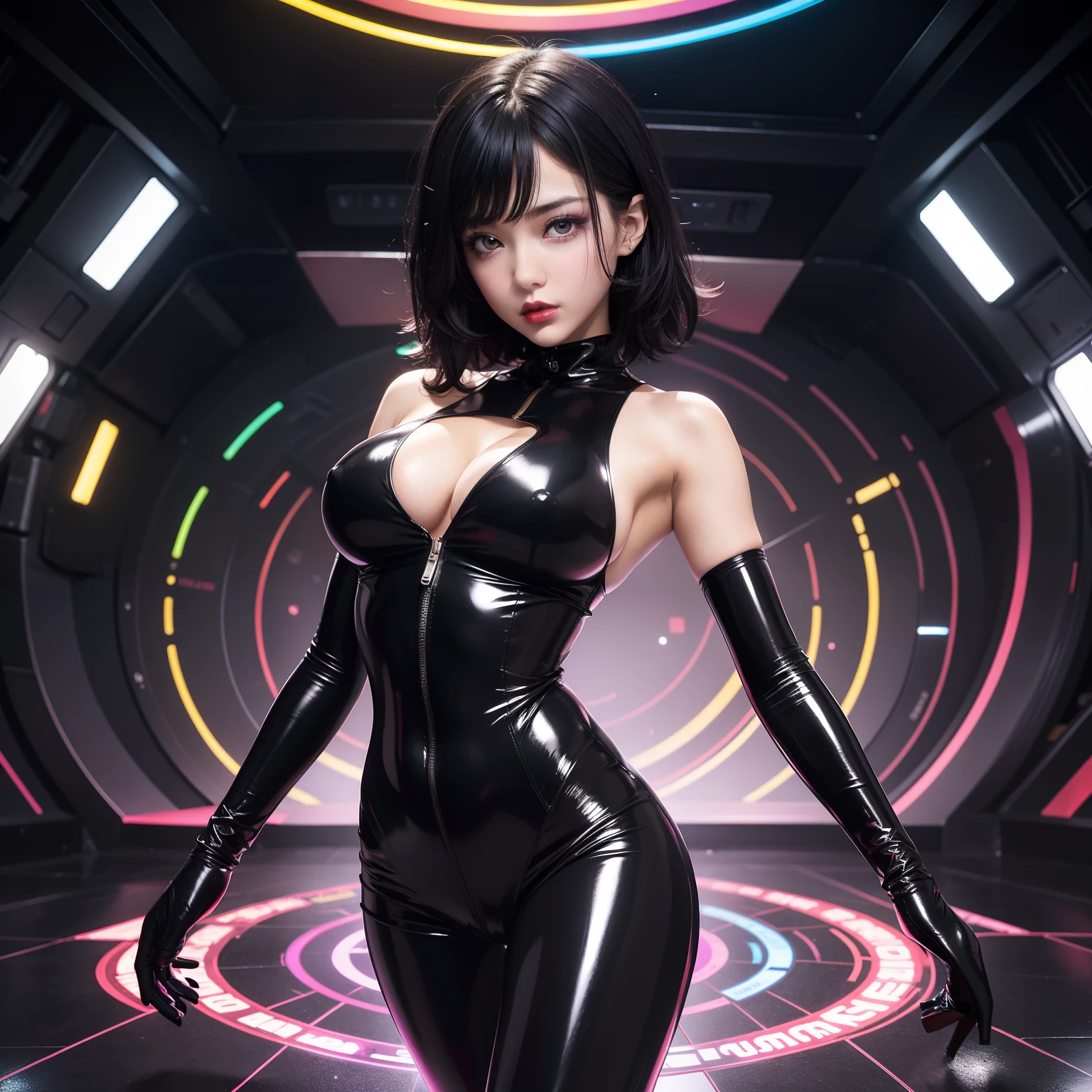 High image, Super Detail, High resolution, Anime, Manga, Illustration, Intelligent beauty, Baby face, make up, Ecstatic expression, Amorous expression, Seductive look, Flowing layered messy black glossy medium short wavy hair, Glowing black big eyes, Seductive moist red lips, Large breasts, under the boobs, sideboob barbosa, great proportion, perfectly proportions, slender, Full body, Black Gloss Rubber Bodysuit, Background Fantasy, Galaxy, Magic Circle, Kaleidoscope, Rainbow and golden neon lights emitting many lines radiating from the floor and ceiling, cyberpunked