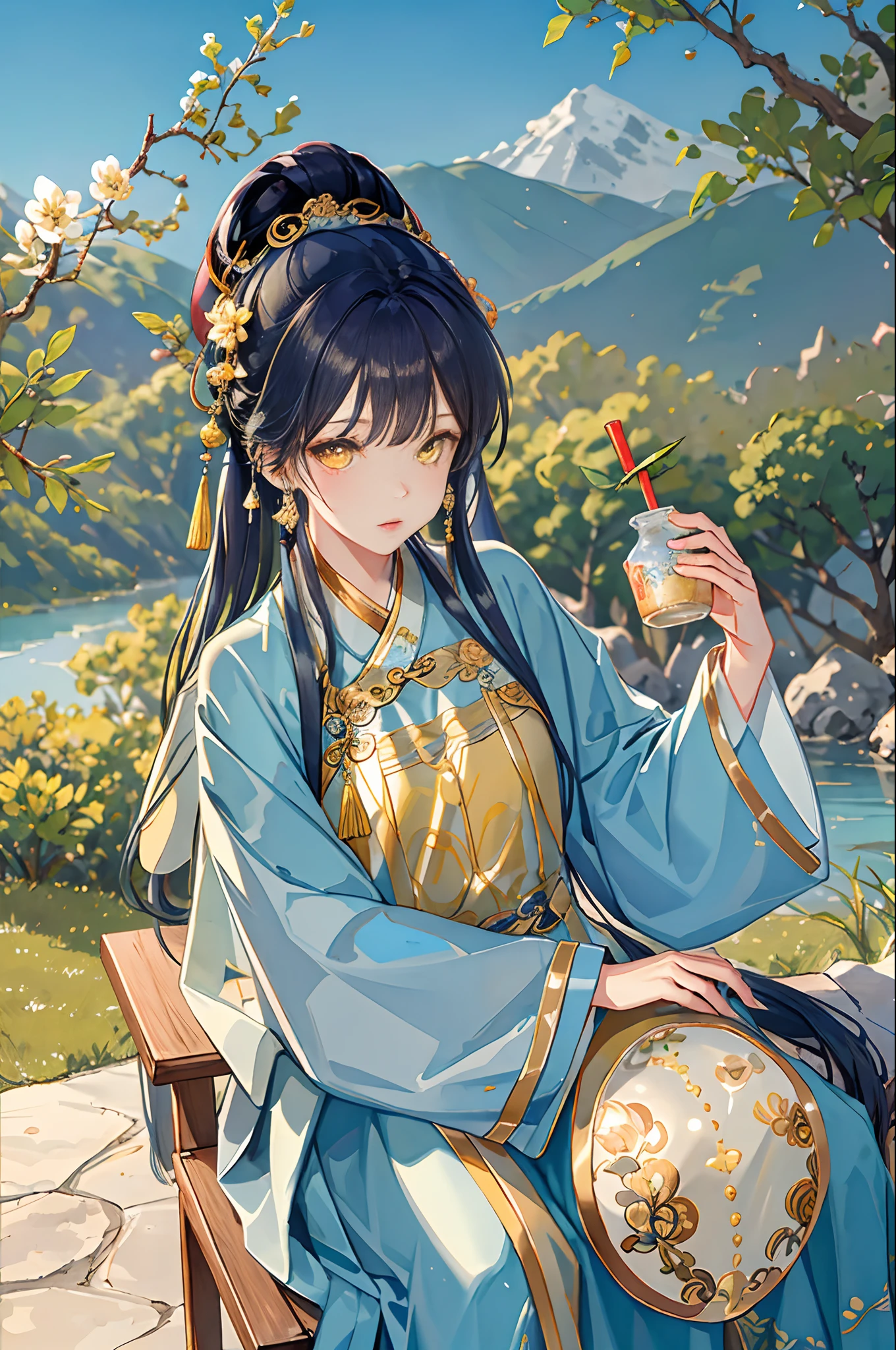 Best quality at best,Complicated details,A high resolution,(beautiful detailed water:1.4),(Hanfu,Tang Feng),Yellow eyes,(Girl in a glass jar:1.1),drinking milktea