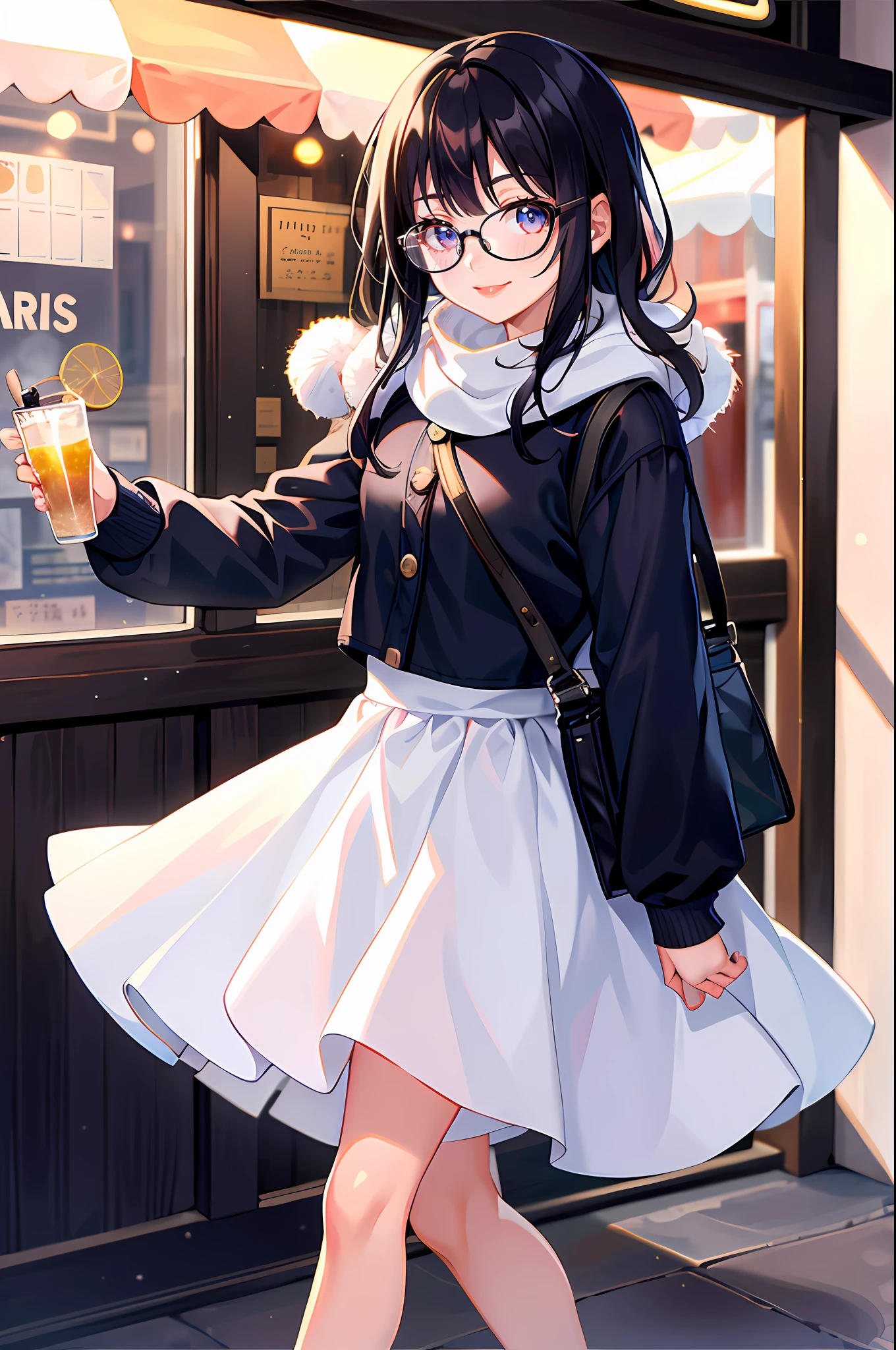 (morning), 1girl, 独奏, looking at viewert, winter, cowboy shot, (downtown), cowboy shot, smile, black hair，Long hair，hyper-detailing，tmasterpiece，Colourful，circle glasses，Dan red lipstick，mitts