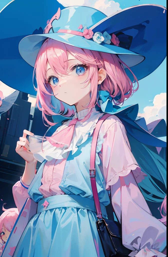 light pink colored hair,Light sky blue magic hat,Pink, white and blue clothes,It's a sweet girl with fierce milk