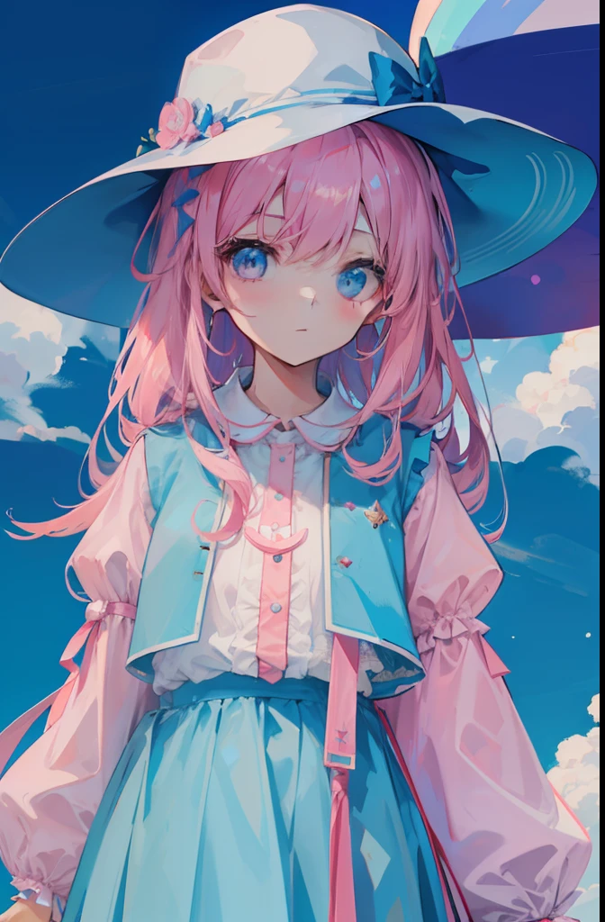 light pink colored hair,Light sky blue magic hat,Pink, white and blue clothes,It's a sweet girl with fierce milk