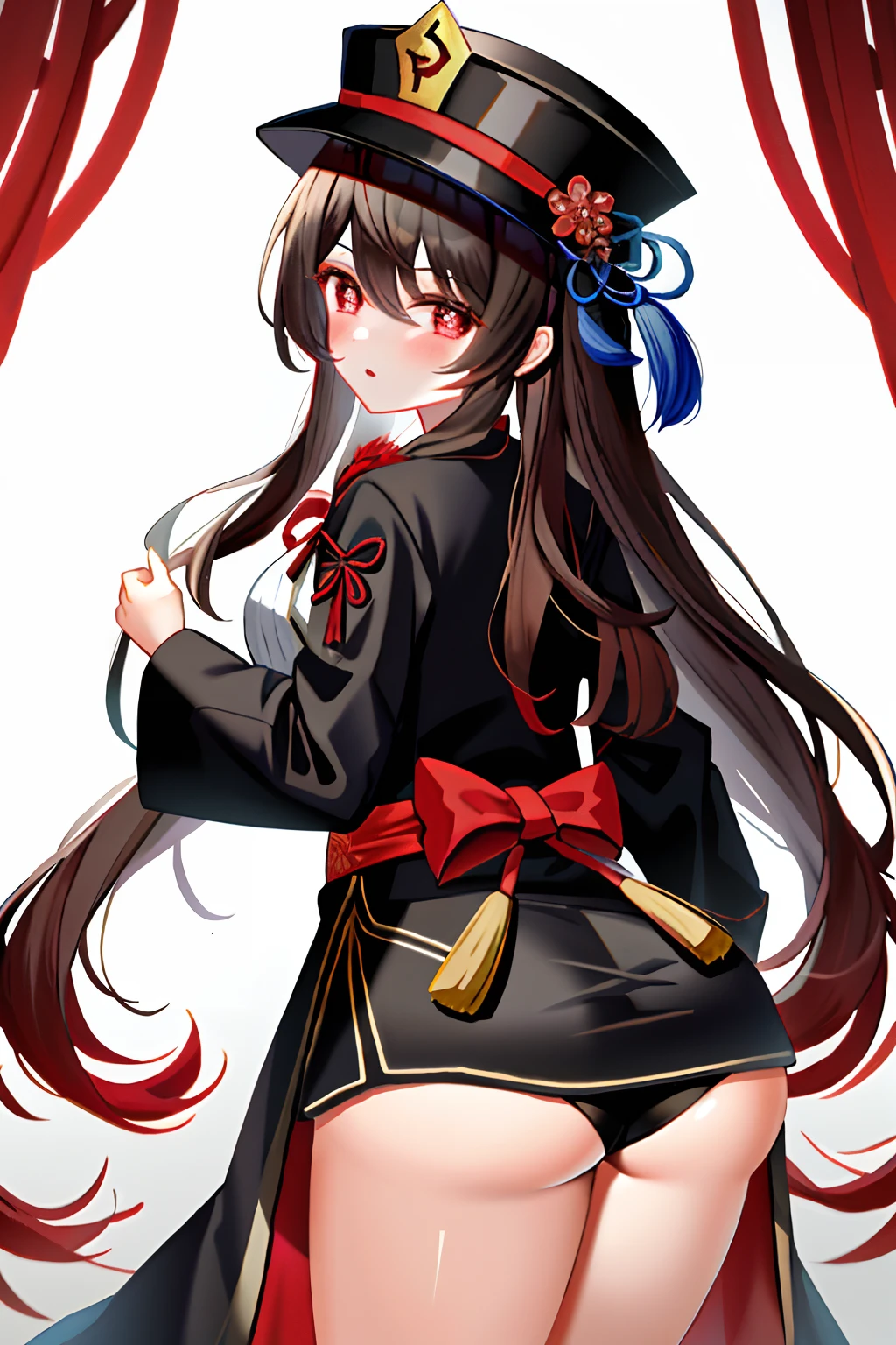 tmasterpiece,Need,1girl,hu tao(the original god),Bou Tao,Hats,red - eyed,dual horsetail,A brown-haired,独奏,symbol-shaped pupils,long whitr hair,By bangs,Black shorts,Hanfu,walnut,the original god,hutaodef,Medium breasts,semi-bare,Sexy big ass,Knead your butt
