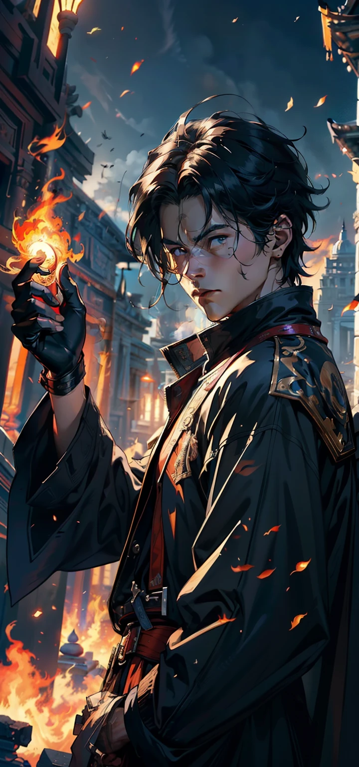 ((Best Quality)), ((Masterpiece)), ((ultra realistis)), Illustration in the style of a person, holding a fireball in his hand against the background of an ancient temple, Casting a fire spell, looking a viewer, black - haired mage, Swashbuckler, age 30 years, eyes glow Fire spell, The fire behind him, evil male sorcerer (windswept dust, detritus: 1.1), volumetric fog, mist, ray traced, z, Transmission of bright light from below, (tmasterpiece) (beste-Qualit) (Detailed) (8K) (电影灯光) (sharp-focus)