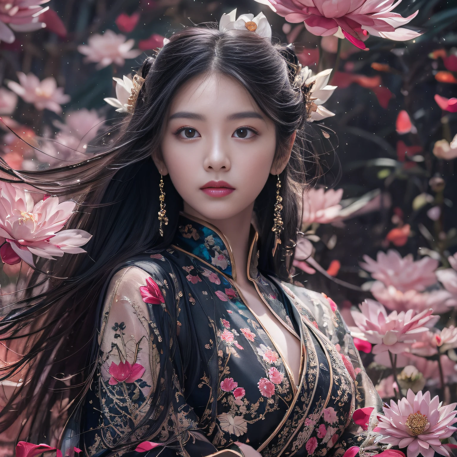 32K（tmasterpiece，k hd，hyper HD，32K）Long flowing black hair，ponds，zydink， a color，  Asian people （Silly girl）， （Silk scarf）， Combat posture， looking at the ground， long whitr hair， Floating hair， Carp pattern headdress， Chinese long-sleeved clothing， （abstract ink splash：1.2）， Pink petal background，Pink and white lotus flowers fly（realisticlying：1.4），Black color hair，Fallen leaves flutter，The background is pure， A high resolution， the detail， RAW photogr， Sharp Re， Nikon D850 Film Stock Photo by Jefferies Lee 4 Kodak Portra 400 Camera F1.6 shots, Rich colors, ultra-realistic vivid textures, Dramatic lighting, Unreal Engine Art Station Trend, cinestir 800，Long flowing black hair