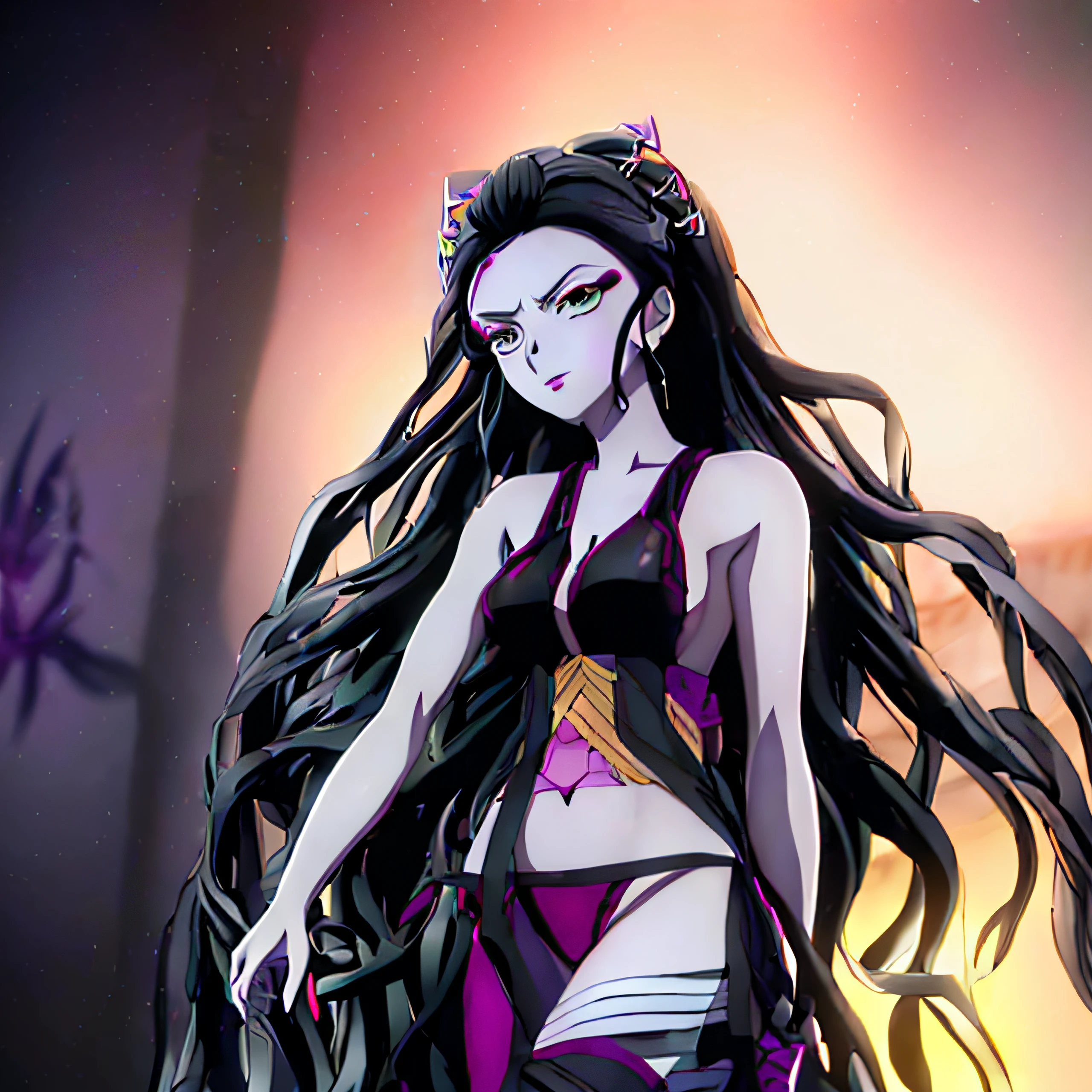 anime character with long black hair and purple outfit standing in front of a building, nezuko, shalltear from overlord, zhongli from genshin impact, nezuko-chan, katana zero video game character, anime visual of a young woman, albedo from the anime overlord, morgana from league of legends