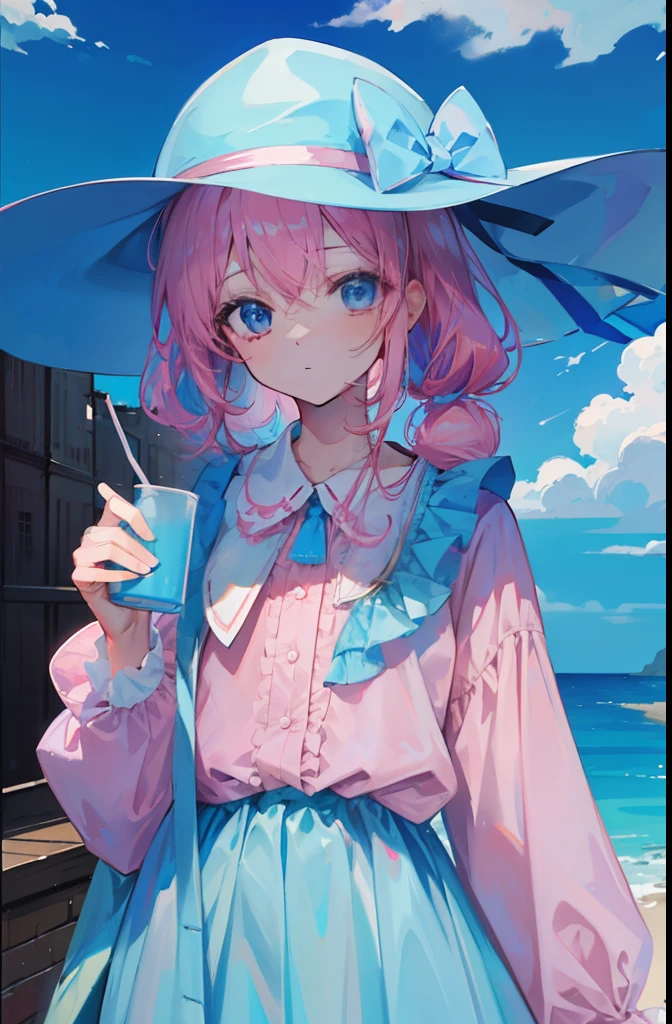 light pink colored hair，Light sky blue magic hat，Pink, White and blue clothes，The whole looks milky，It is a beautiful girl with high appearance with sweet milk