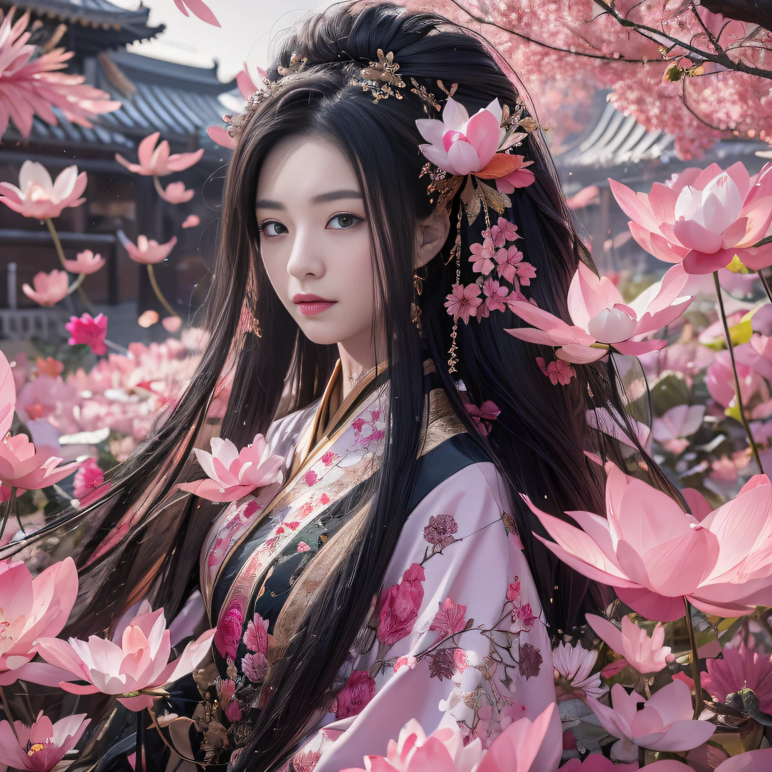 32K（tmasterpiece，k hd，hyper HD，32K）Long flowing black hair，ponds，zydink， a color，  Asian people （Silly girl）， （Silk scarf）， Combat posture， looking at the ground， long whitr hair， Floating hair， Carp pattern headdress， Chinese long-sleeved clothing， （abstract ink splash：1.2）， Pink petal background，Pink and white lotus flowers fly（realisticlying：1.4），Black color hair，Fallen leaves flutter，The background is pure， A high resolution， the detail， RAW photogr， Sharp Re， Nikon D850 Film Stock Photo by Jefferies Lee 4 Kodak Portra 400 Camera F1.6 shots, Rich colors, ultra-realistic vivid textures, Dramatic lighting, Unreal Engine Art Station Trend, cinestir 800，Long flowing black hair
