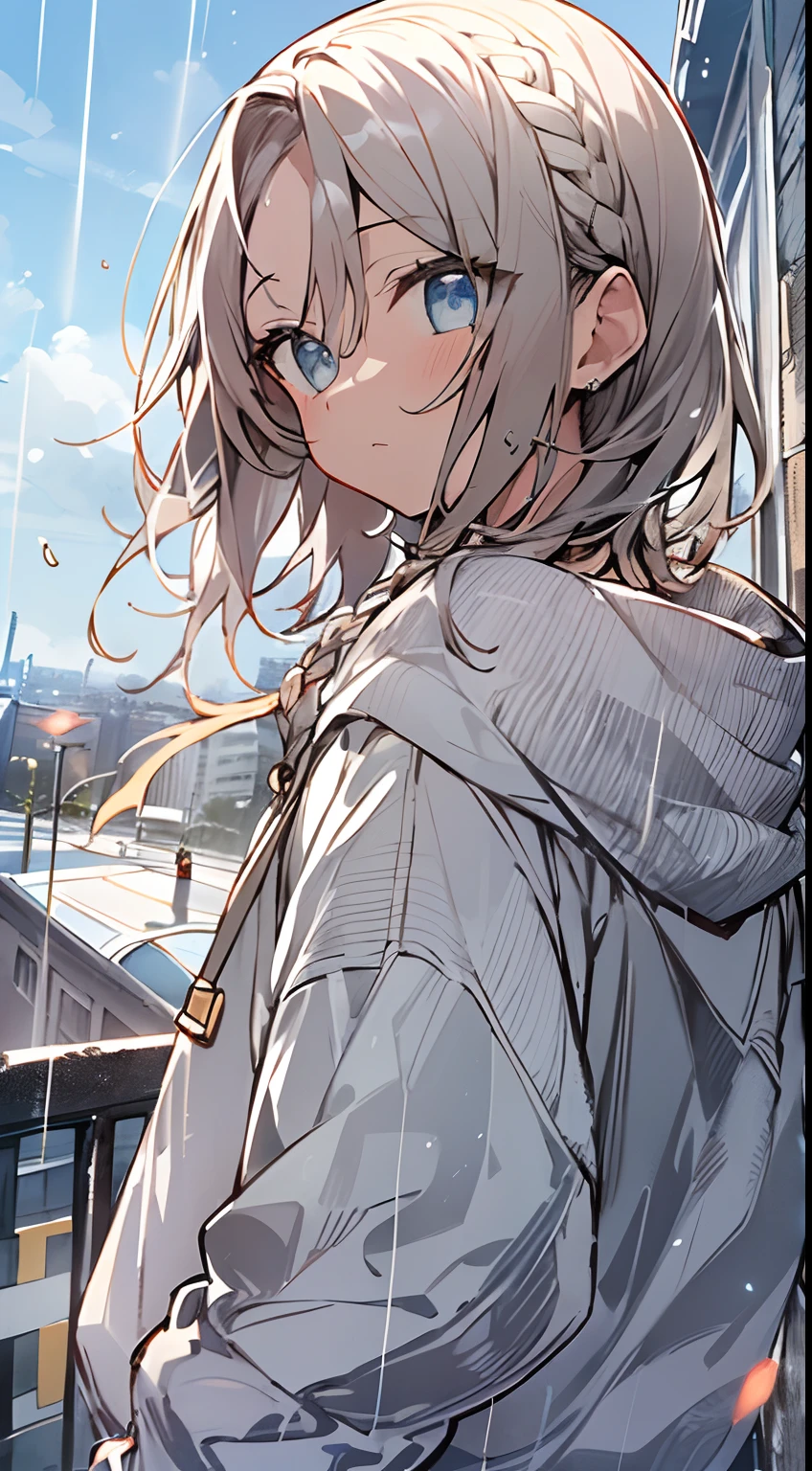 masutepiece, Best Quality,Illustration, Wallpaper, Ultra Detail, absurderes, 1girl in, Solo, (Medium short hair、short braided hair), Beautiful detailed eyes, after rain , (Street:1.3), Bright sky after rain、Hair that flutters in the wind,(a panoramic view:1.3),(Sense of depth:1.5),(longshot:1.3)、Gray and beige hoodie、White skirt
