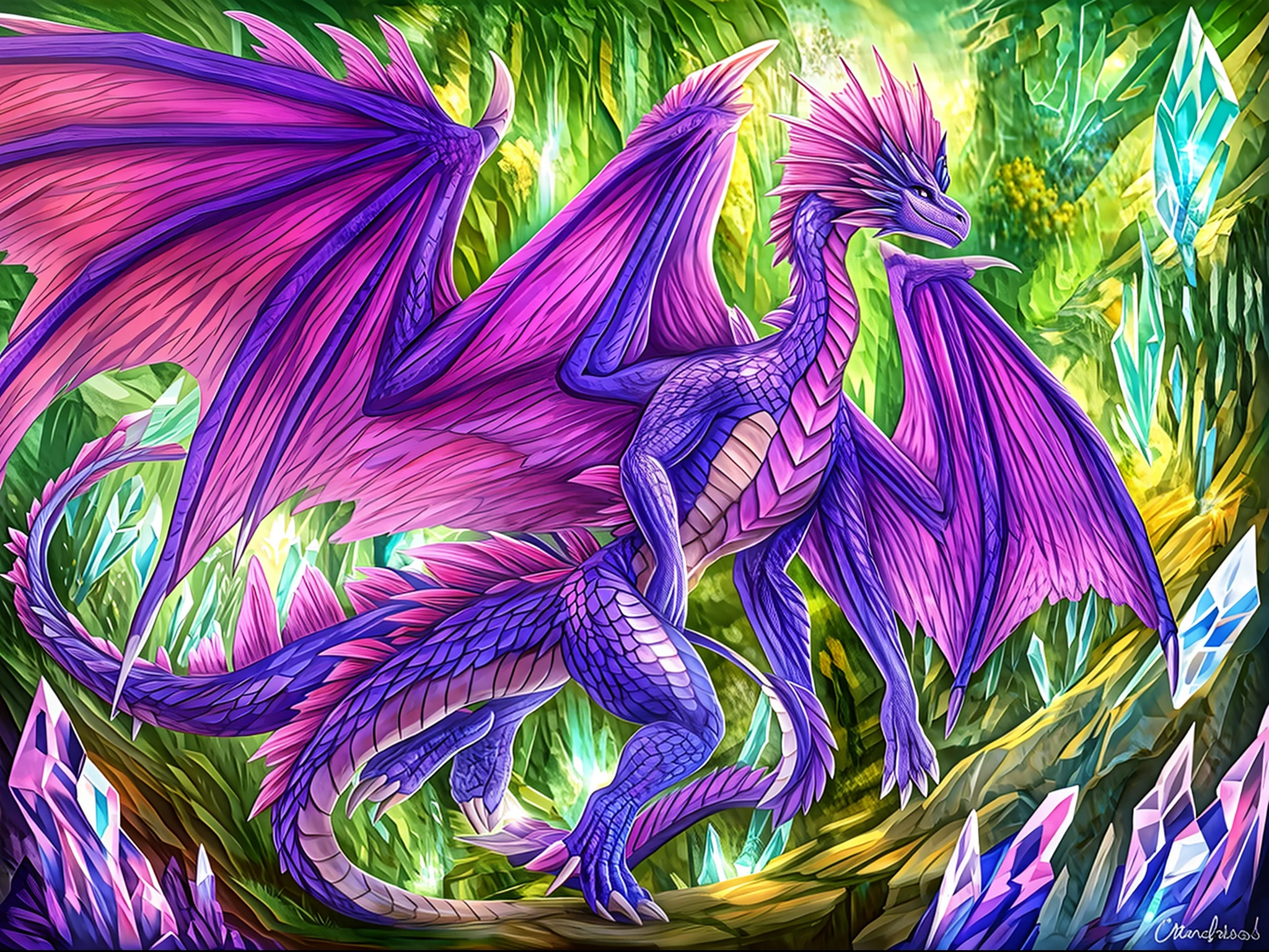 dragoness, white body, purple wings, purple crow for crystal