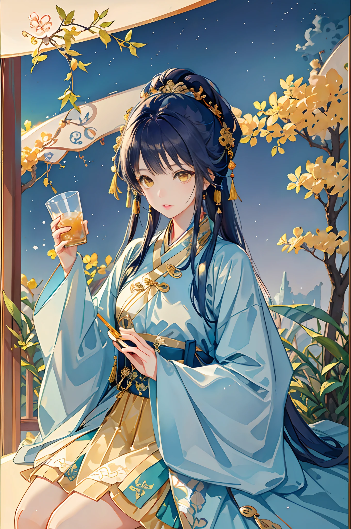 Best quality at best,Complicated details,A high resolution,(beautiful detailed water:1.4),(Hanfu,Tang Feng),Yellow eyes,(Girl in a glass jar:1.1),drinking milktea