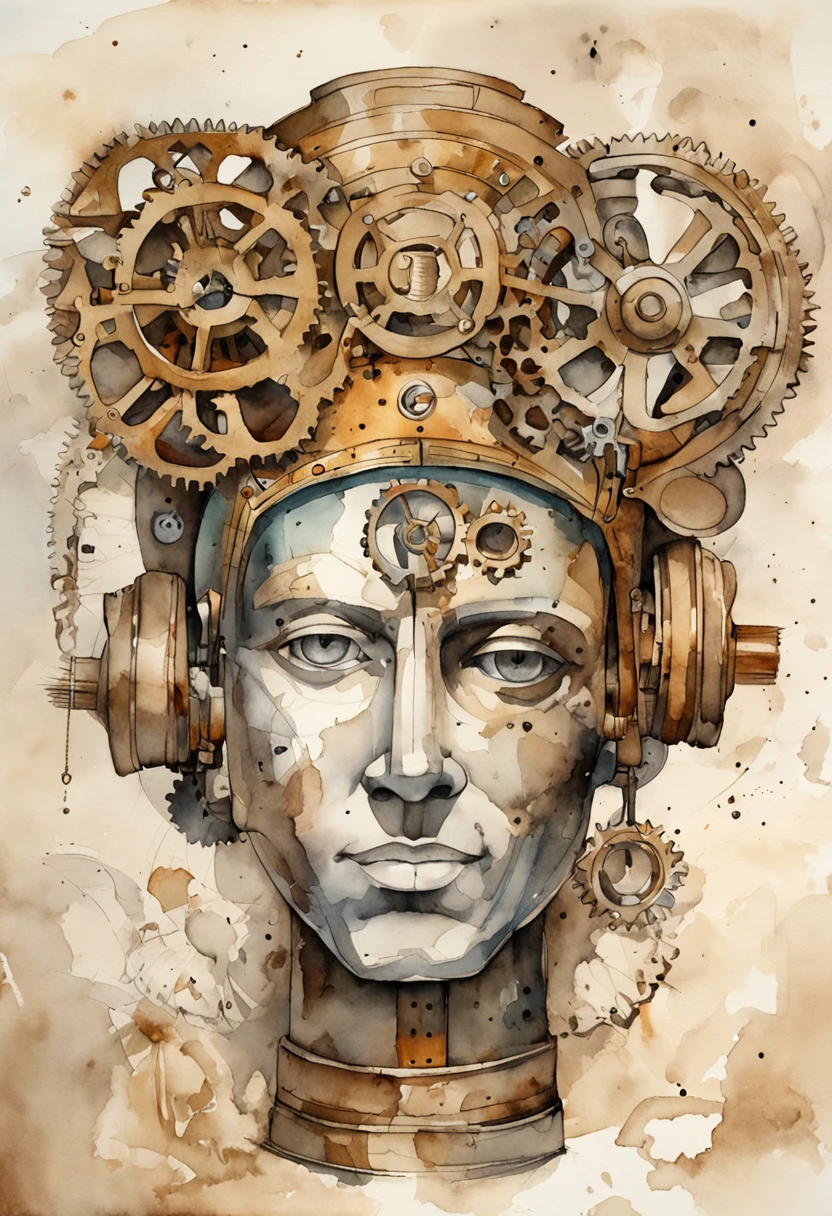 an open human head covered mainly by the human part and another smaller part on top of the internal mechanical gear of the head