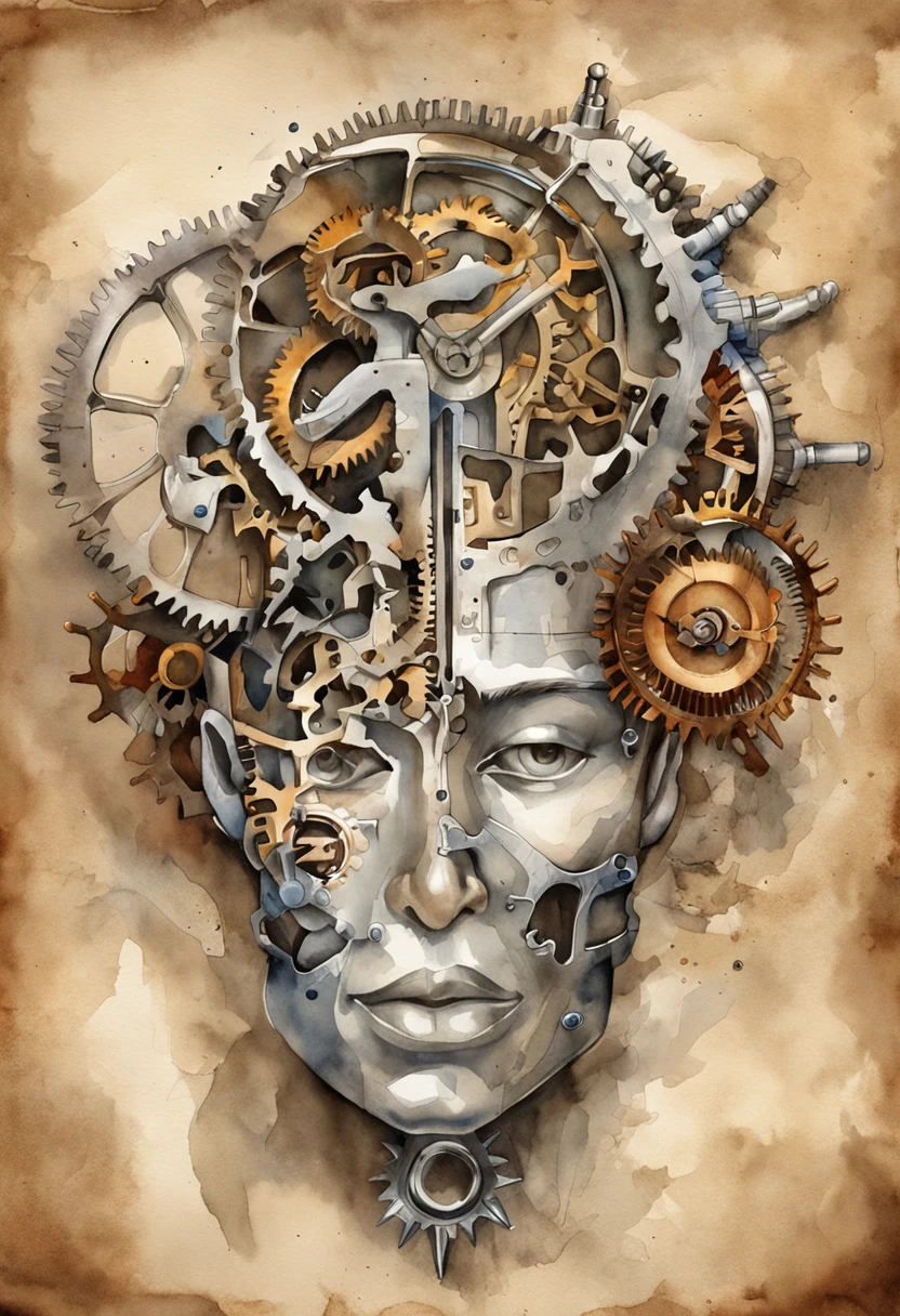 an open human head covered mainly by the human part and another smaller part on top of the internal mechanical gear of the head