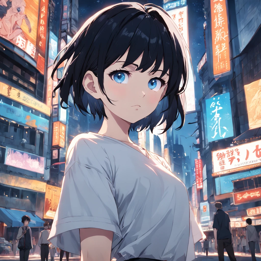 1girl, short black hair, blue eyes, wearing plain white shirt, denim shorts, city, absurdres, high res, ultrasharp, 8K, masterpiece, looking at viewer