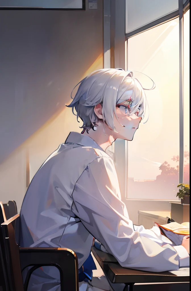 "A serene white-haired boy dozing off in class as the rays of sunlight peek through the sunset."