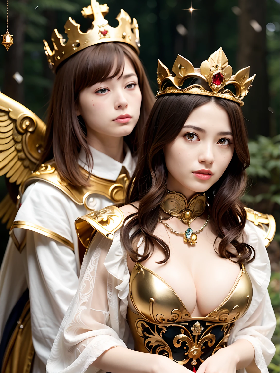 (masutepiece), Professional , masterpiece、top-quality、photos realistic , depth of fields (Gemstone Silver Metal Body:1.9),(Matte White、(Gangle's forest background),(Brown hair long straight)、Jewel Gold Weapon、(Castle background),Gorgeous metal weapons,(Detailed and realistic angel white wings) , Detailed Sword of the Brave , Beautiful knife 、delicated face、20 years girl ,warhammer 40k , adepta sororitas,Detail and ornate jewel crown、a blond、(Gangle's forest background)、Beautiful Caucasian beauty、1a person、dynamic ungle,(((Detailed and ornate diamond crown)))、Smaller head、A smile、Powerful poses、Beautiful thin fingers of a woman、cleavage of the breast、