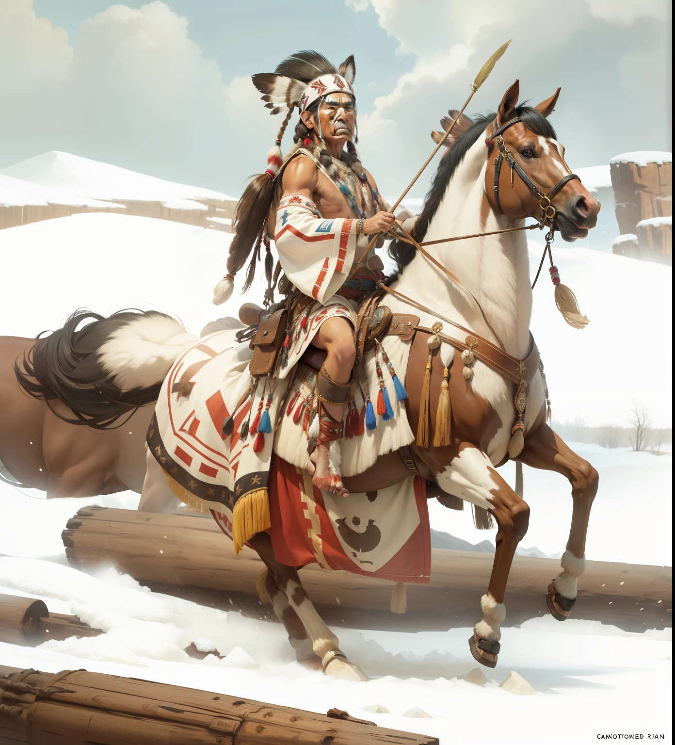 One Native American (Native American only 2 human ears), riding a horse, one head, one face, four legs, two ears, four hooves, one tale, photo-realism, 24k resolution, hyperdetailed in the style of Doolittle