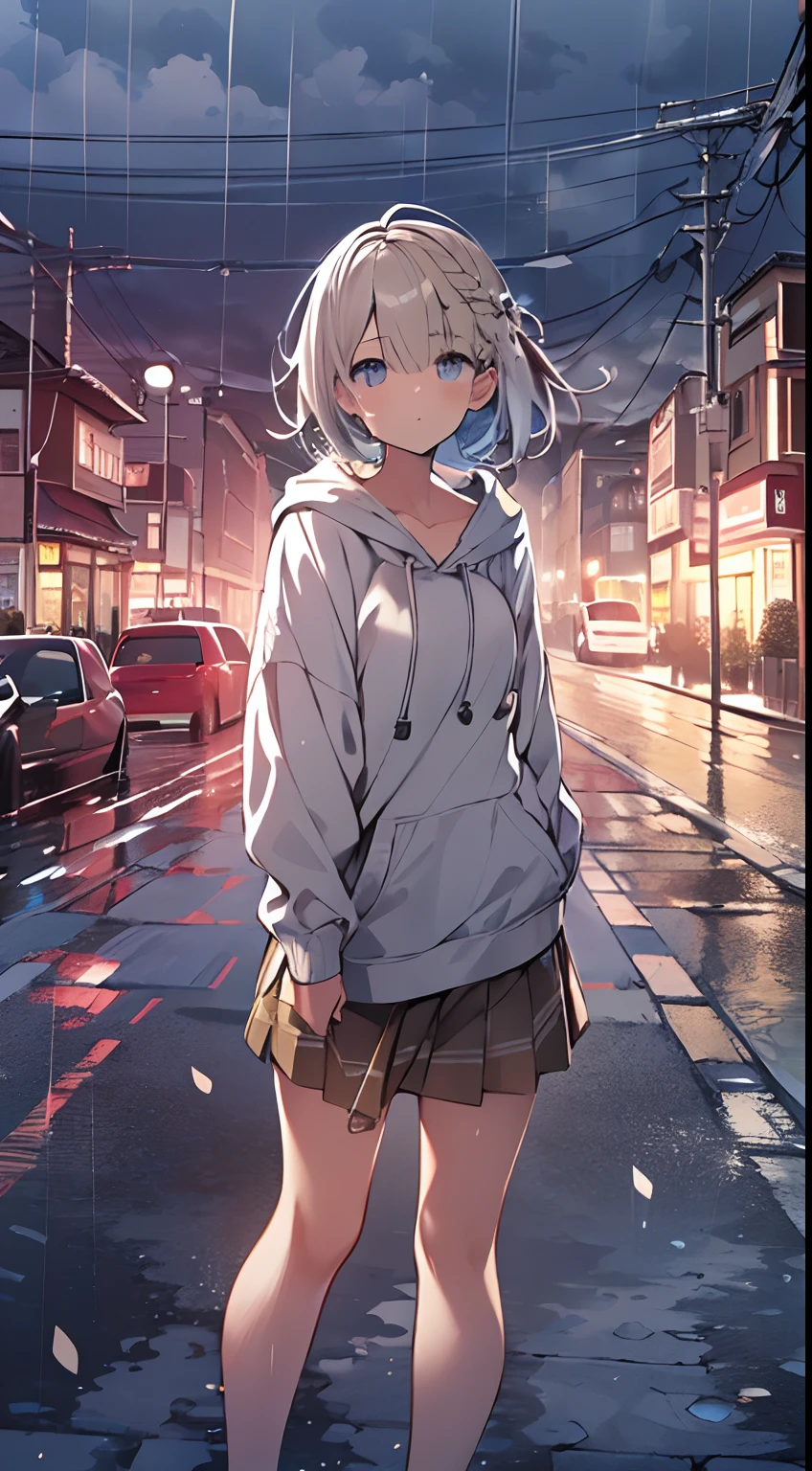 masutepiece, Best Quality,Illustration, Wallpaper, Ultra Detail, absurderes, 1girl in, Solo, (Semi-long hair、short braided hair), Beautiful detailed eyes, rainfall、water dripping、wetting hair , Wet clothes, (Street:1.3), Cloudy sky、Hair that flutters in the wind、kirakira