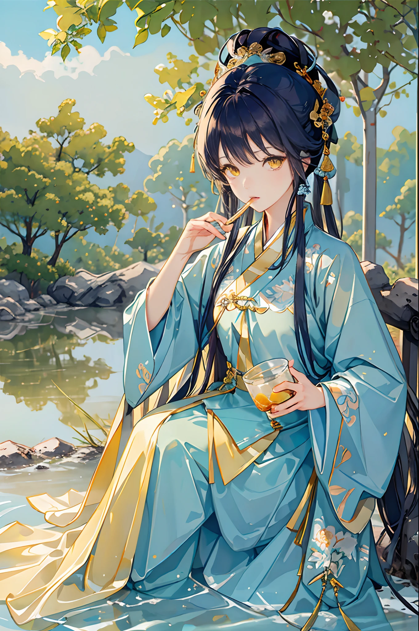 Best quality at best,Complicated details,A high resolution,(beautiful detailed water:1.4),(Hanfu,Tang Feng),Yellow eyes,(Girl in a glass jar:1.1),drinking milktea