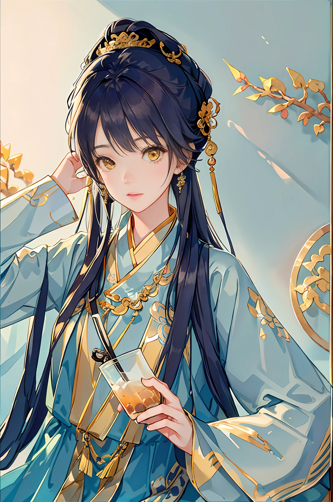 Best quality at best，Complicated details，A high resolution，（beautiful detailed  water：1.4），（Hanfu，Tang Feng），Yellow eyes，（Girl in a glass jar：1.1），drinking milktea