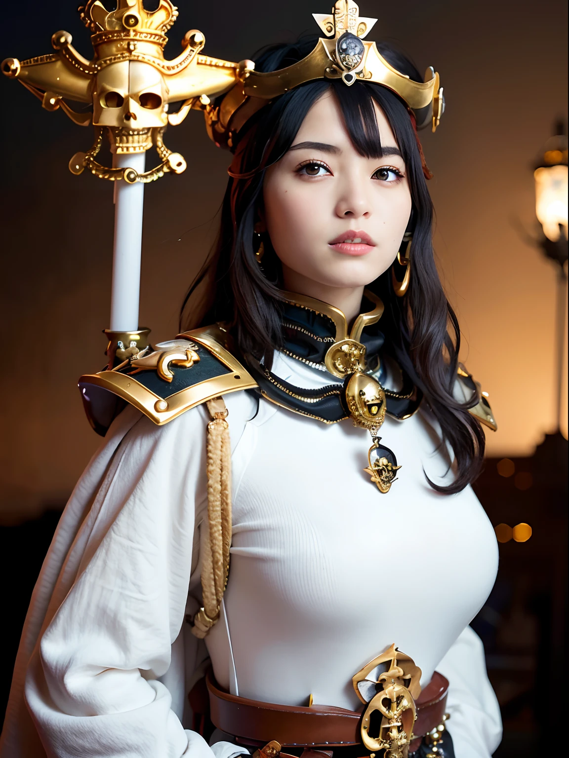 (masutepiece), Professional , masterpiece、top-quality、photos realistic , depth of fields (Gemstone Silver Metal Body:1.9),(Matte White、(Wear a detailed pirate hat)、Jewel Gold Weapon(Jewel Metal Body:1.4),(Gorgeous metal weapons) , Detailed Sword of the Brave , 20 year old girl ,warhammer 40k , The port town、adepta sororitas,Detail and ornate jewel crown、Black hair、Gangle's forest background、Young Caucasian beauty、1a person、dynamic ungle,(((Detailed and ornate diamond crown)))、Smaller head、A smile、Take a sexy pose、Thin and beautiful female hands、cleavage of the breast、Soldier in iron armor on background、A port city with a view of the sea、Pirate Ship、