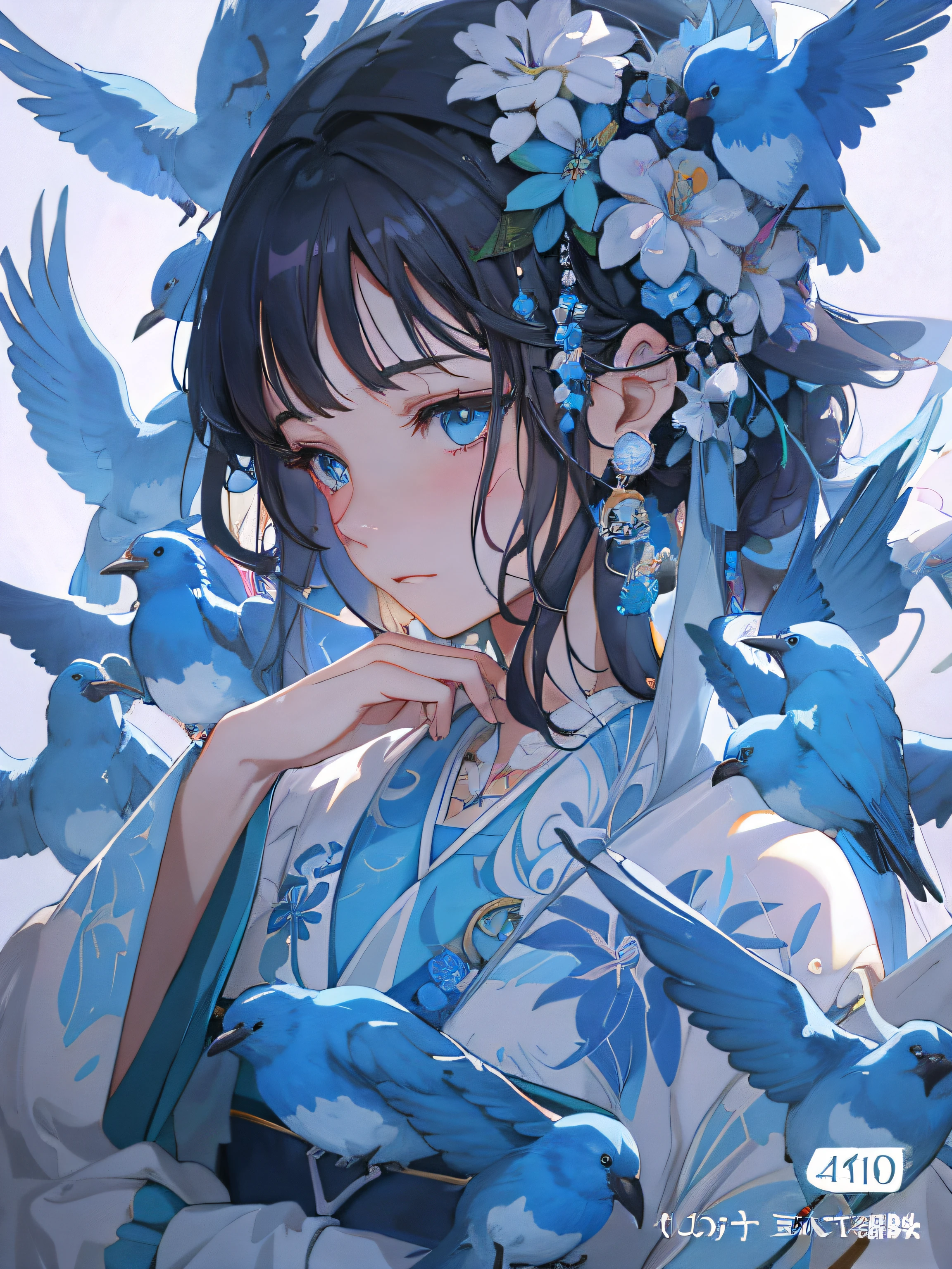Anime girl with blue bird and flower in her hair, Guviz, Guviz-style artwork, Detailed digital anime art, Guweiz in Pixiv ArtStation, style of anime4 K, a beautiful anime portrait, Guweiz on ArtStation Pixiv, Beautiful anime artwork, guweiz masterpiece, Digital anime illustration, by Yang J